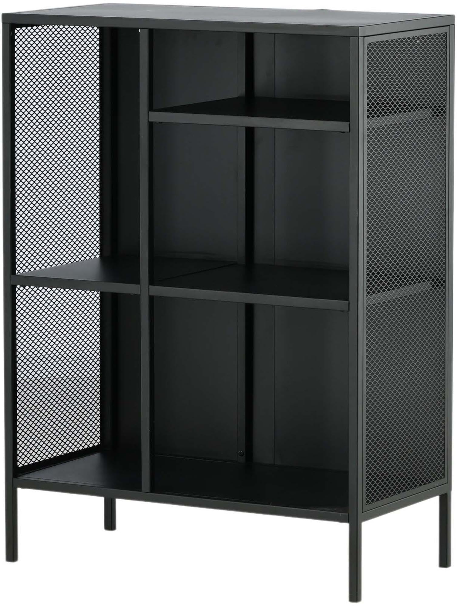 Das Mischa Regal von Venture Home: Stilvolles Industriedesign aus schwarzem Stahl, vielseitig nutzbar, robust und elegant.