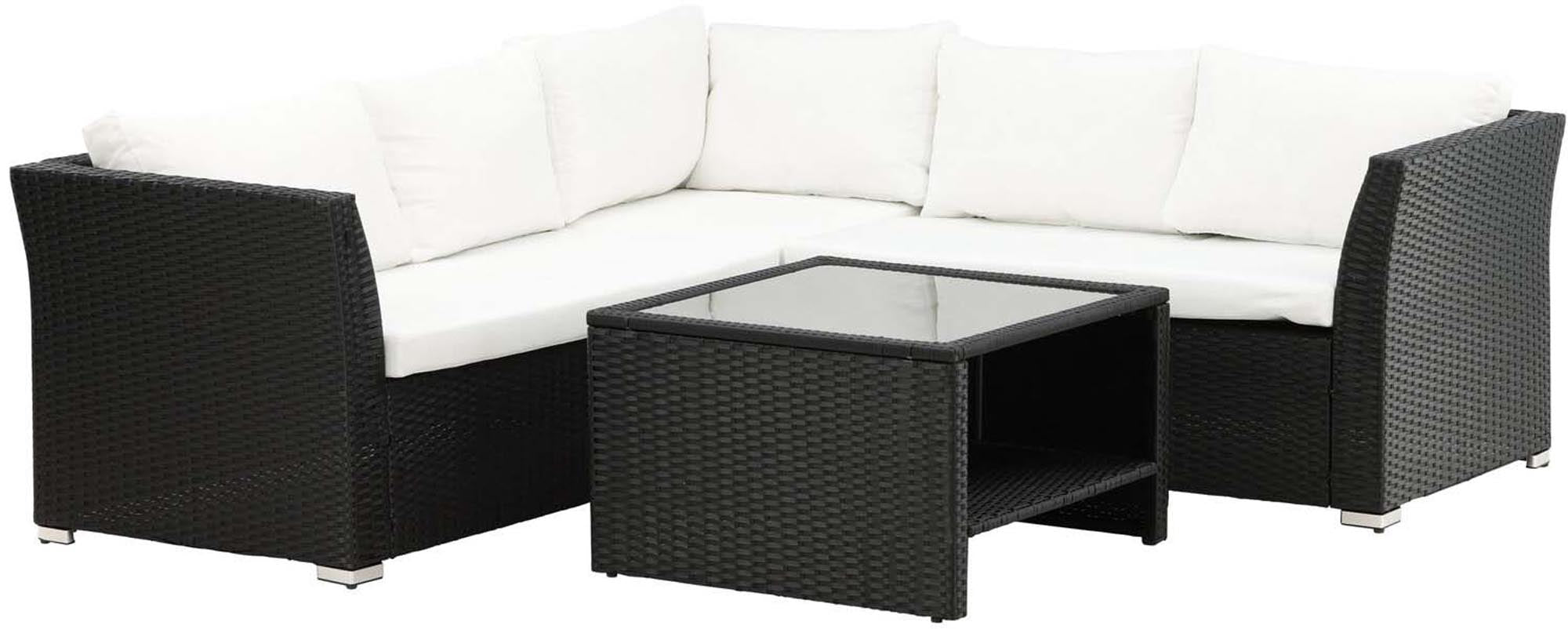 Haiti Ecksofa Outdoorset: Modulares Design, wetterfestes Kunstrattan und komfortable Kissen für entspannte Stunden im Freien.