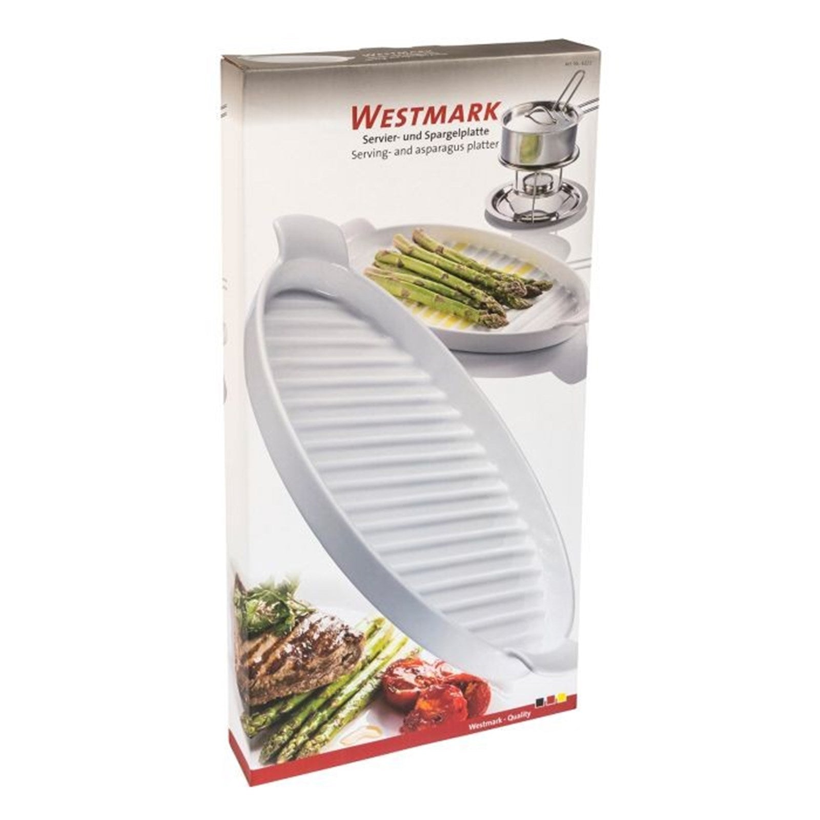 Elegante Porzellanplatte mit Bodenrillen, 39.5x20x4cm, ideal für Spargelgerichte, stilvoll und funktional für Servieren.