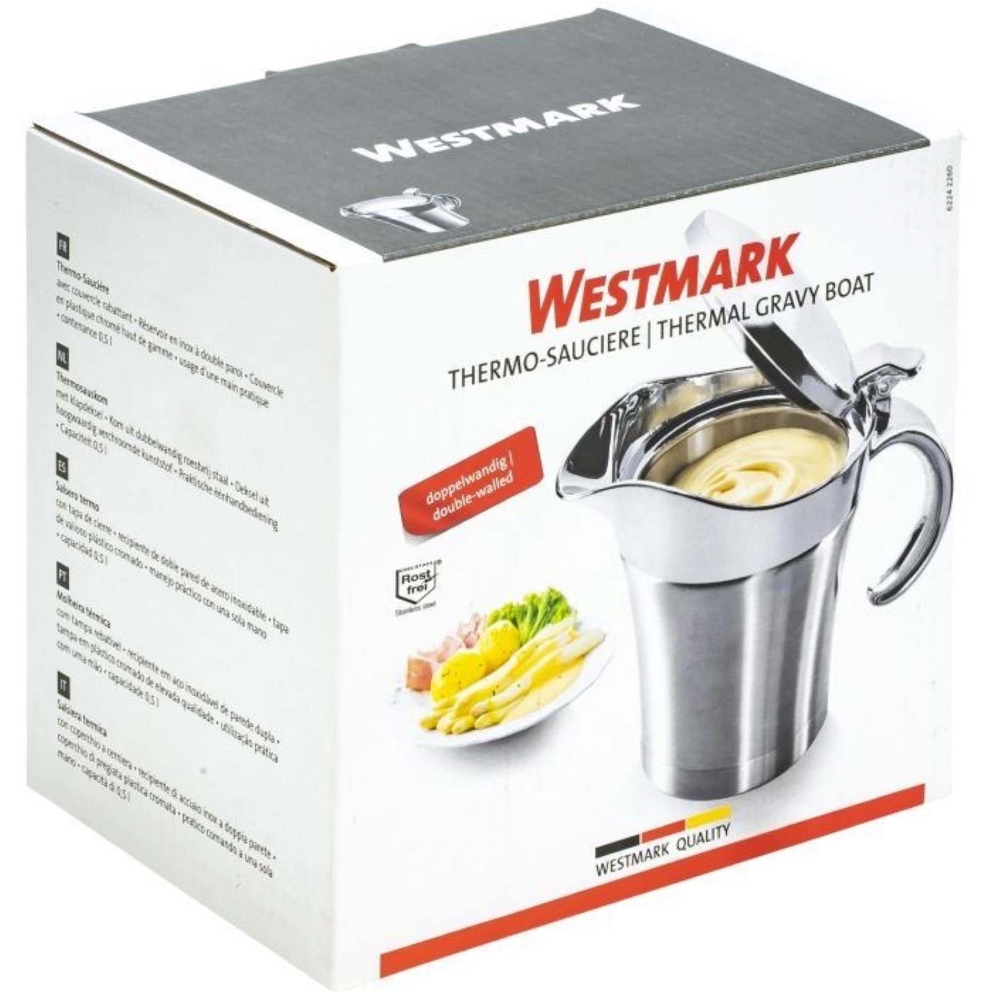 Thermo-Sauciere von Westmark, 0.5 l, aus Edelstahl, hält Saucen warm, 18x11.5x14.3 cm, praktisch und elegant für den Esstisch.