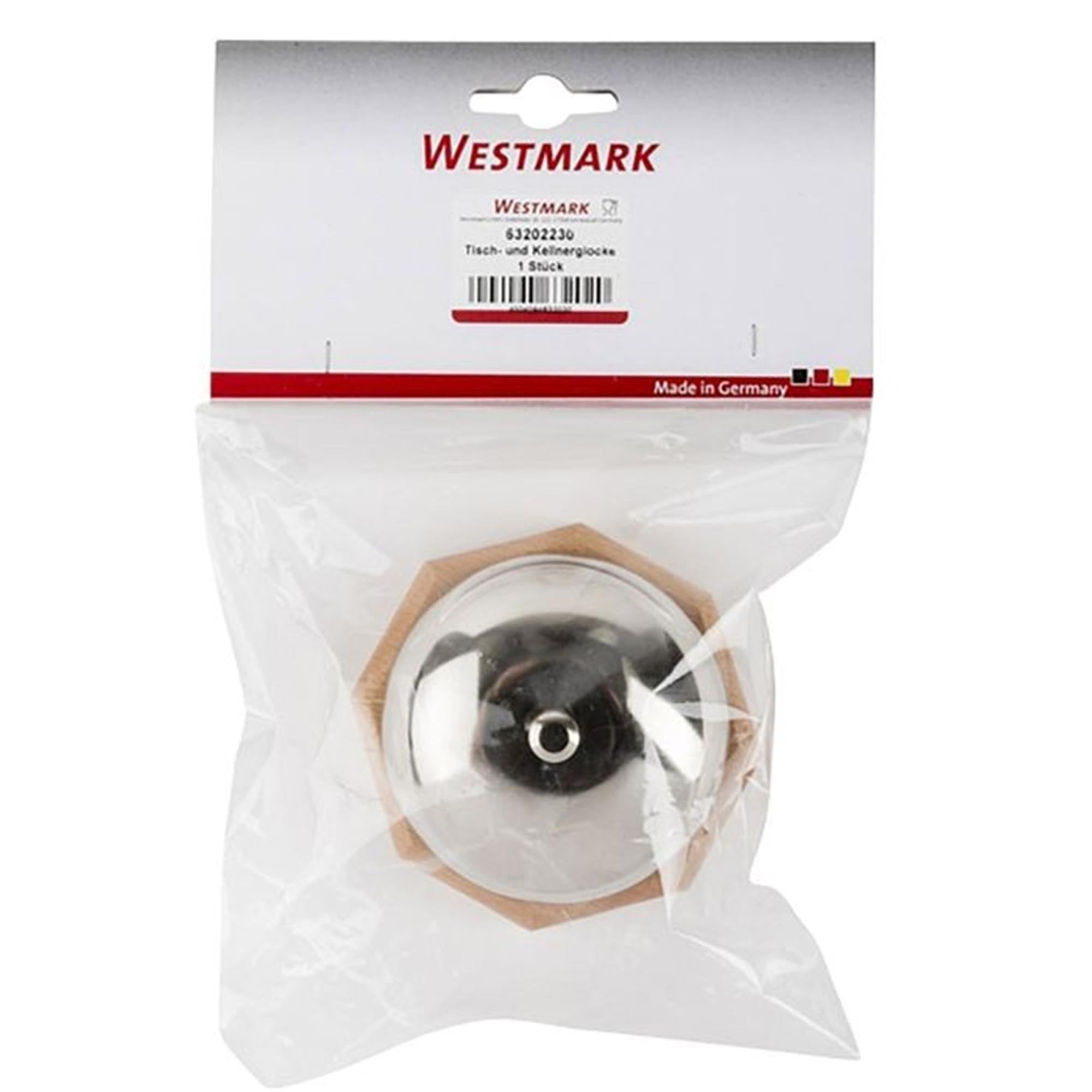 Klassische Tischglocke aus Metall, ideal für Service oder Empfang, kompakt und handlich, Masse: 8.5x6.5x5.5 cm, von Westmark.