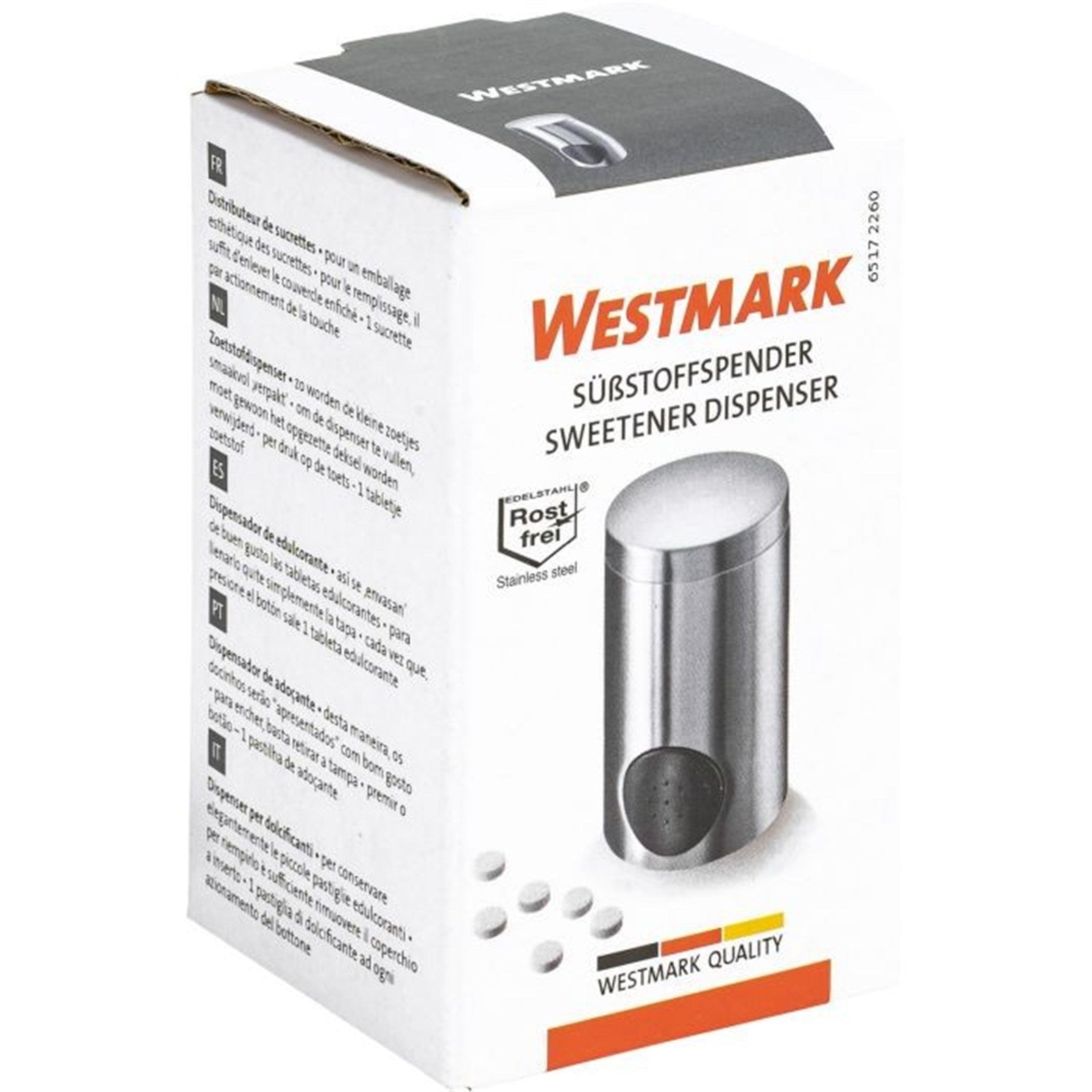 Hochwertiger Edelstahl-Süssstoffspender von Westmark, 5x5x8.6cm, für präzise Dosierung und stilvolles Servieren von Süssstoff.