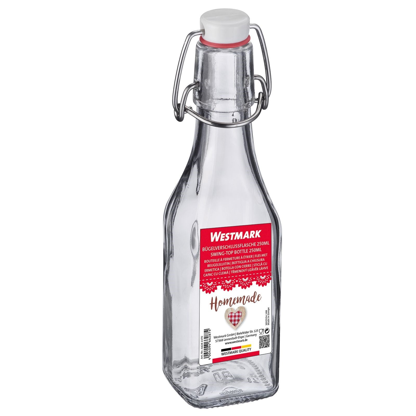 Elegante 250ml Bügelverschlussflasche von Westmark, ideal für Flüssigkeiten, mit praktischem Anhänger zur individuellen Beschriftung.