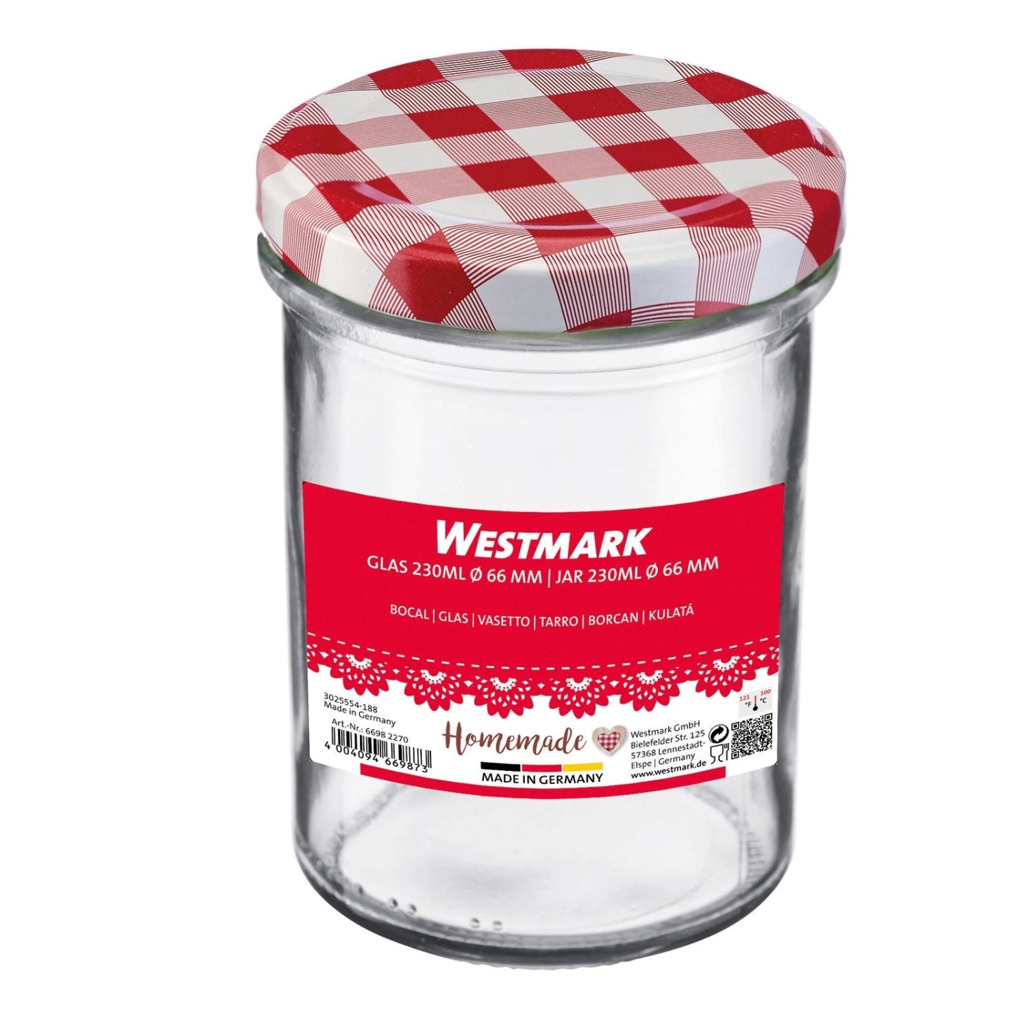 Praktisches 230ml Sturzglas mit einem dekorativen rot-weißen Deckel, perfekt für die Lagerung von Konfitüren und anderen Leckereien.