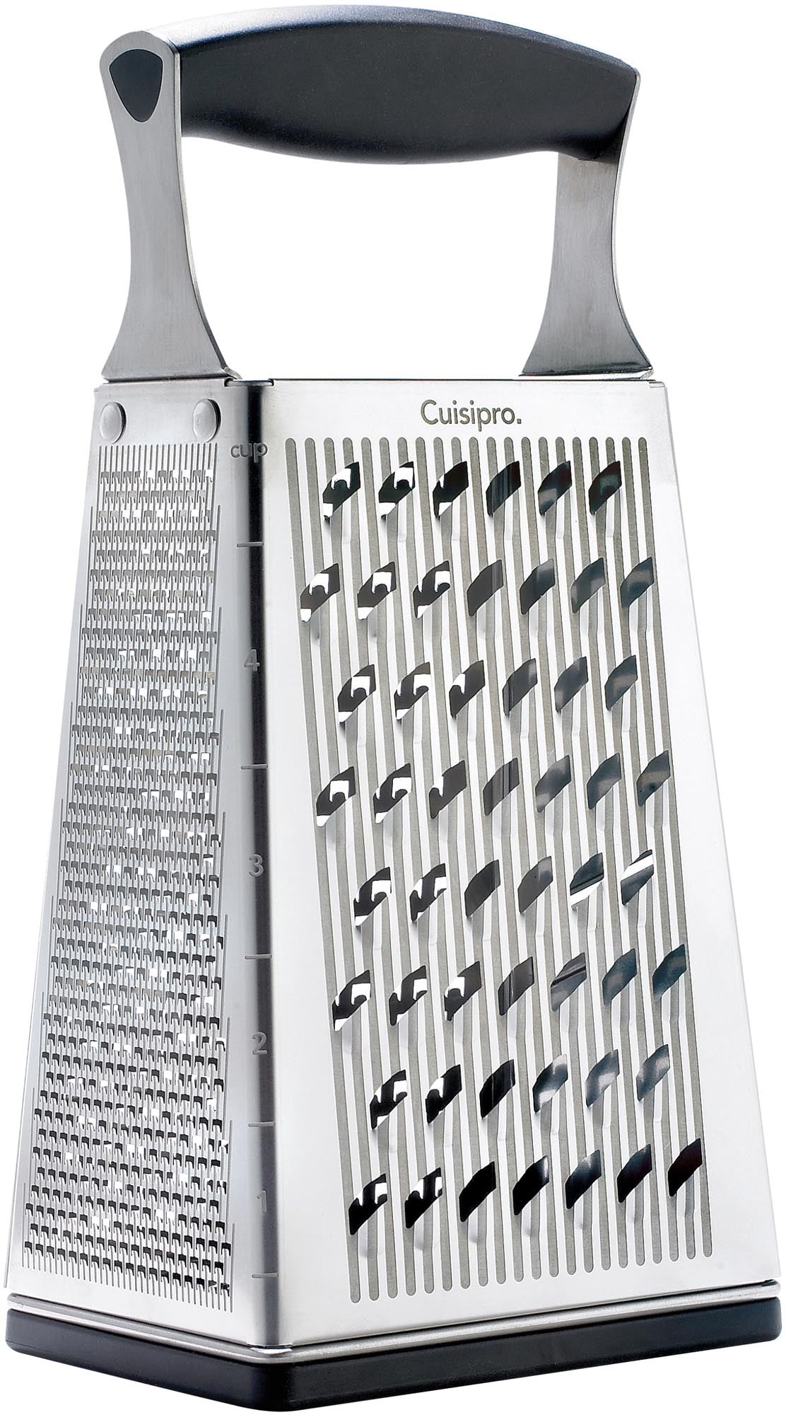 Der Cuisipro SGT Reibe Tower: 4-seitig, aus 18/10 Edelstahl, ergonomisch, rutschfest, spülmaschinenfest, für Käse & Gemüse.