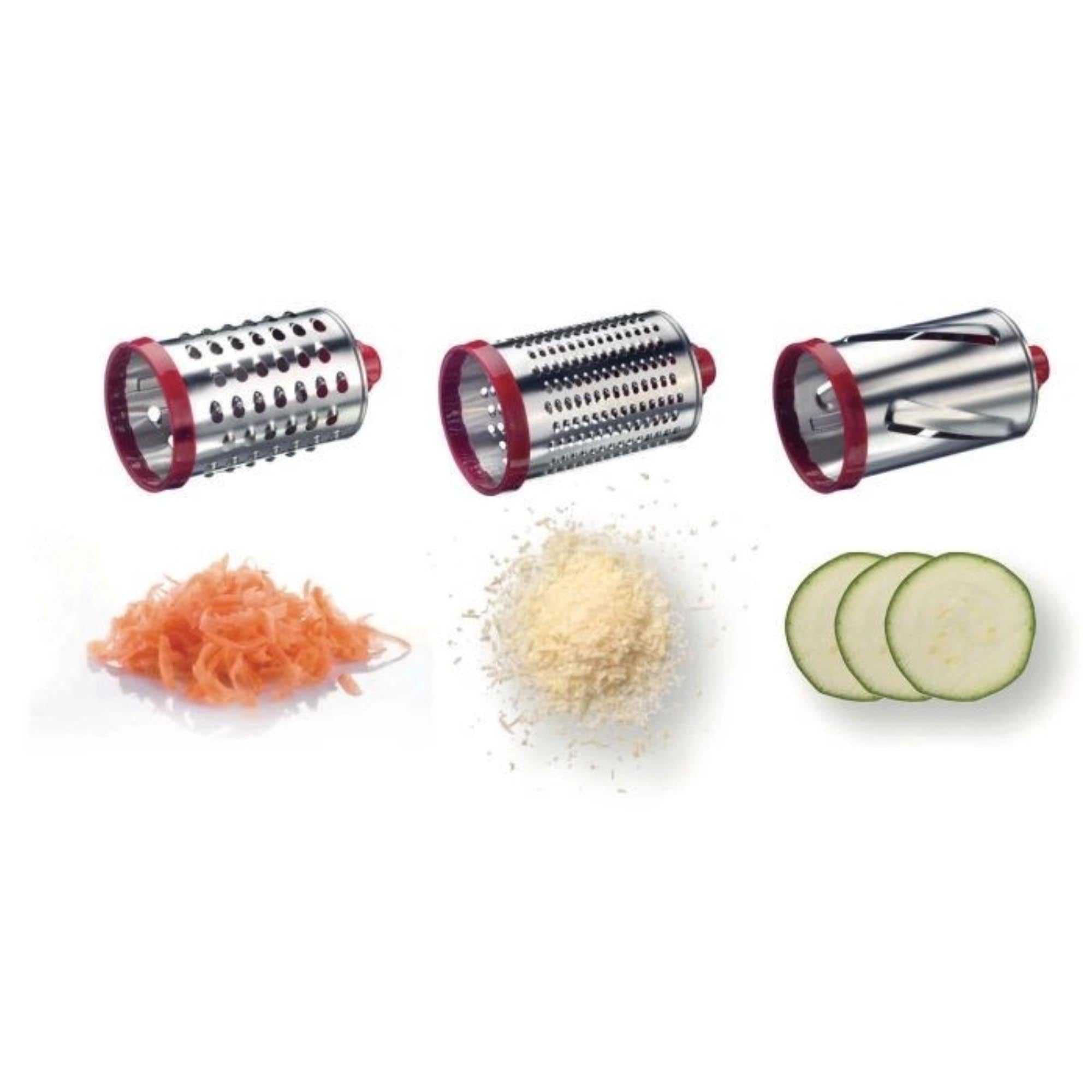 Effiziente Trommelreibe von Westmark, 3 Trommeln für Käse, Gemüse, Nüsse. Masse: 26.5x13x28.5 cm, robust und vielseitig.