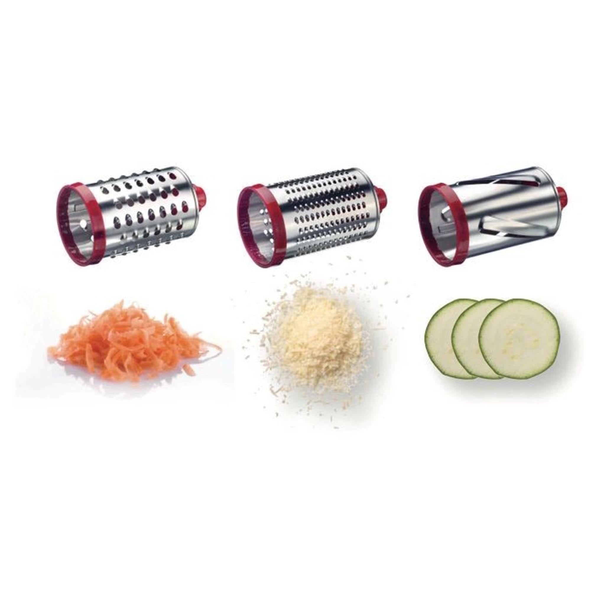 Praktische Trommelreibe von Westmark mit 3 Trommeln, ideal für Käse, Gemüse und Nüsse. Masse: 26.5x13x28.5 cm.