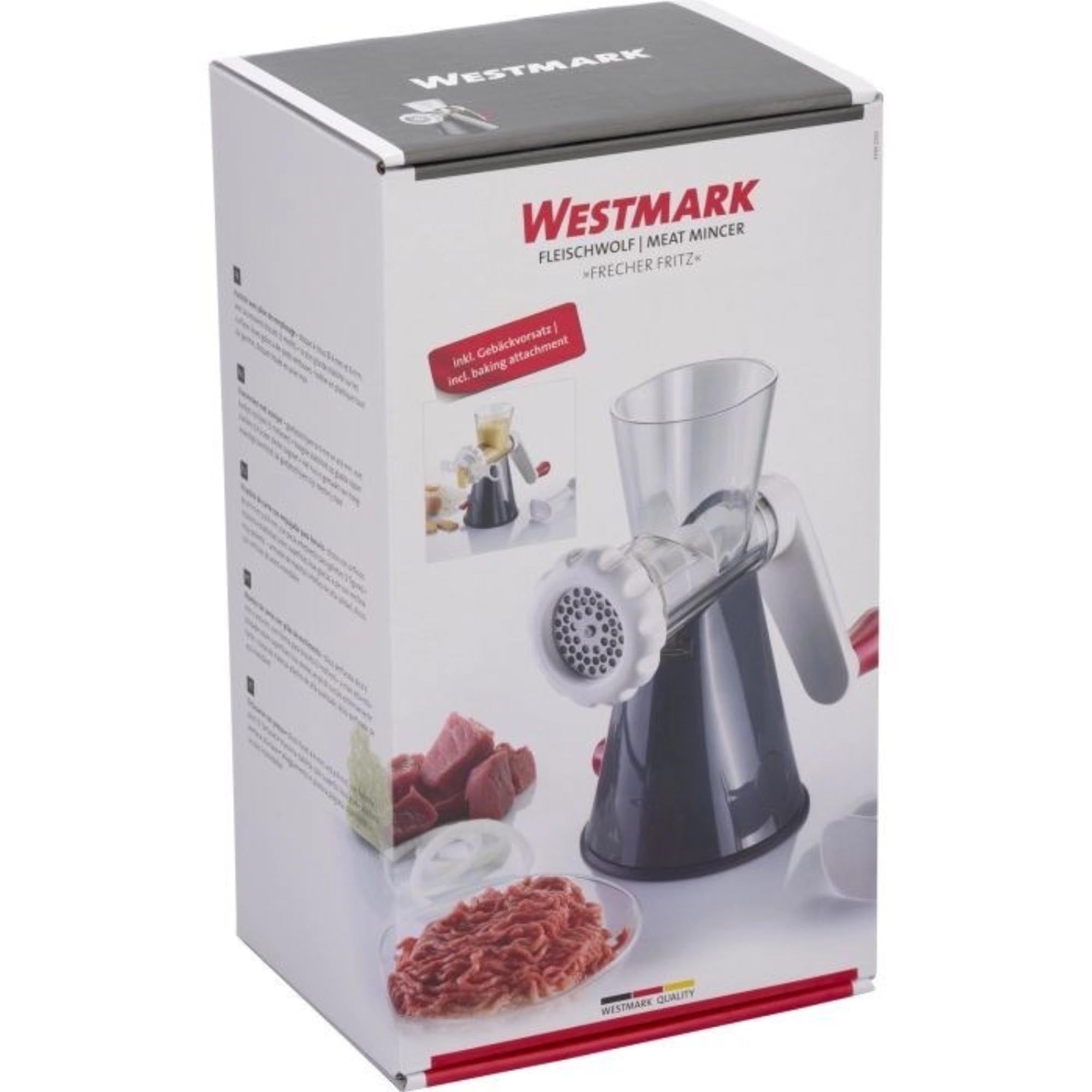 Kompakter Fleischwolf Frecher Fritz von Westmark, ideal für frisches Hackfleisch, robust und benutzerfreundlich, Masse: 24x13x24.5cm.