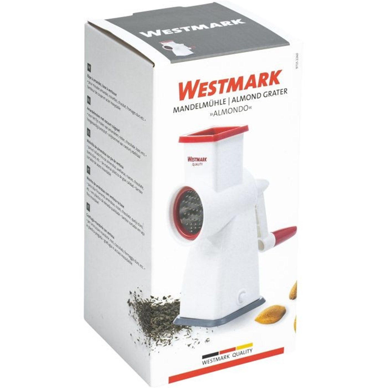 Weisse Mandelmühle von Westmark, kompakt und vielseitig, ideal für Mandeln und Nüsse. Masse: 9x16,5x19 cm. Praktisches Küchenwerkzeug.