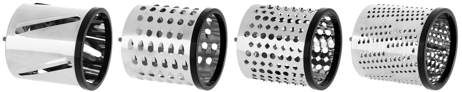 Vielseitige Reibmaschine von Westmark mit 4 Trommeln, ideal für Käse und Gemüse. Kompakte Masse: 20x11x27,5 cm.