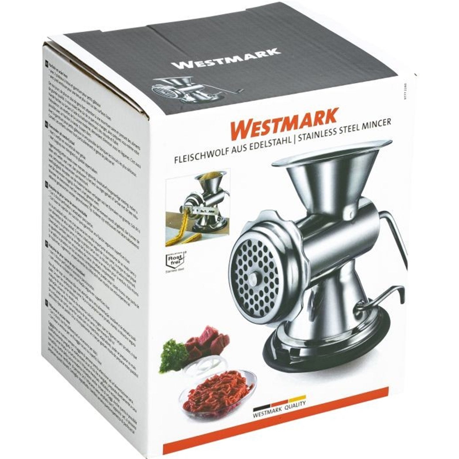 Hochwertiger Edelstahl-Fleischwolf, Grösse 8, mit 3 Lochscheiben, Masse 27x12x, perfekt für frische Fleischzubereitungen.