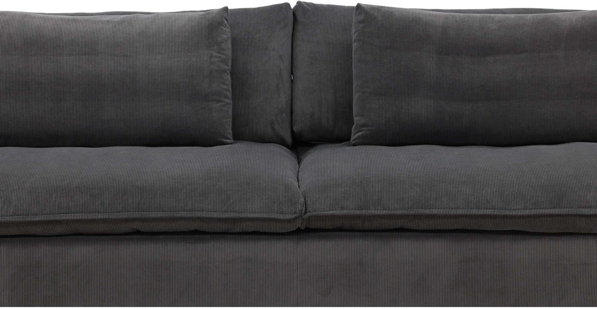 Entdecken Sie das Durham Sofa von Venture Home: Ein elegantes 50er-Jahre-Design in dunkelgrauem Manchester-Stoff, das Komfort und Stil vereint.