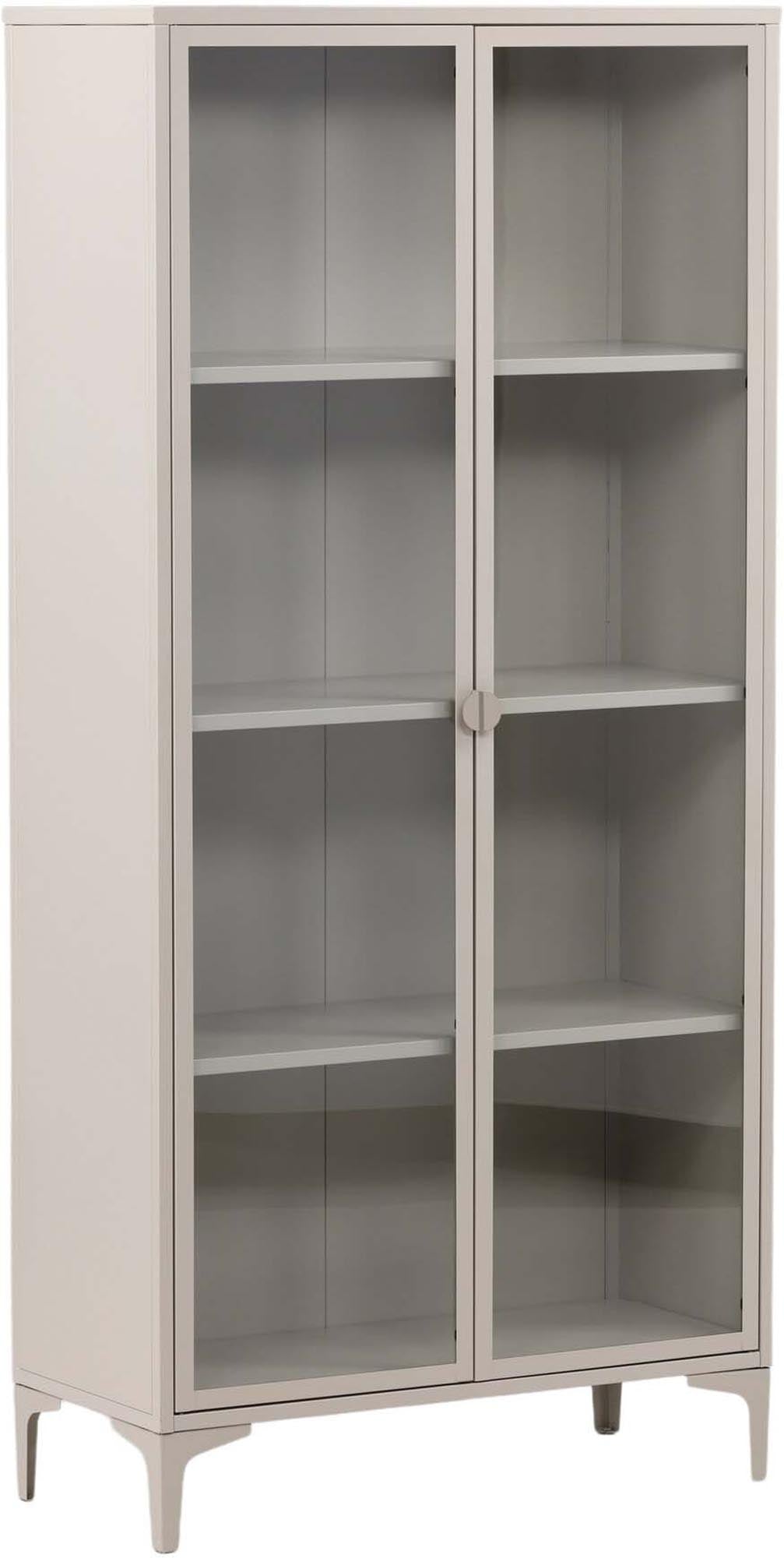 Entdecken Sie den Piring Cabinet von Venture Home: stilvoller Schrank aus beigem Stahl mit Glastüren für elegante Präsentation und praktische Aufbewahrung.