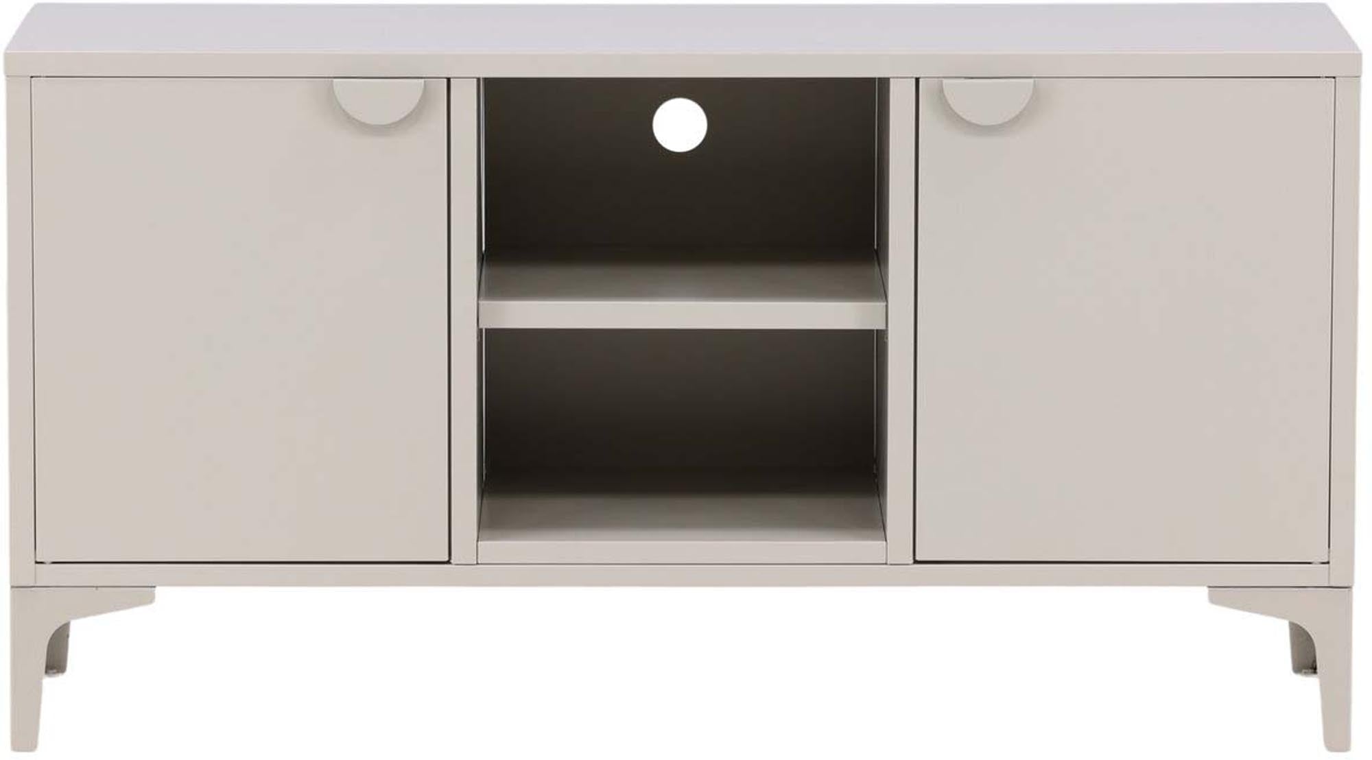 Eleganter Piring TV-Ständer aus beigem Stahl, bietet stabilen Halt und viel Stauraum für Medien und Deko.