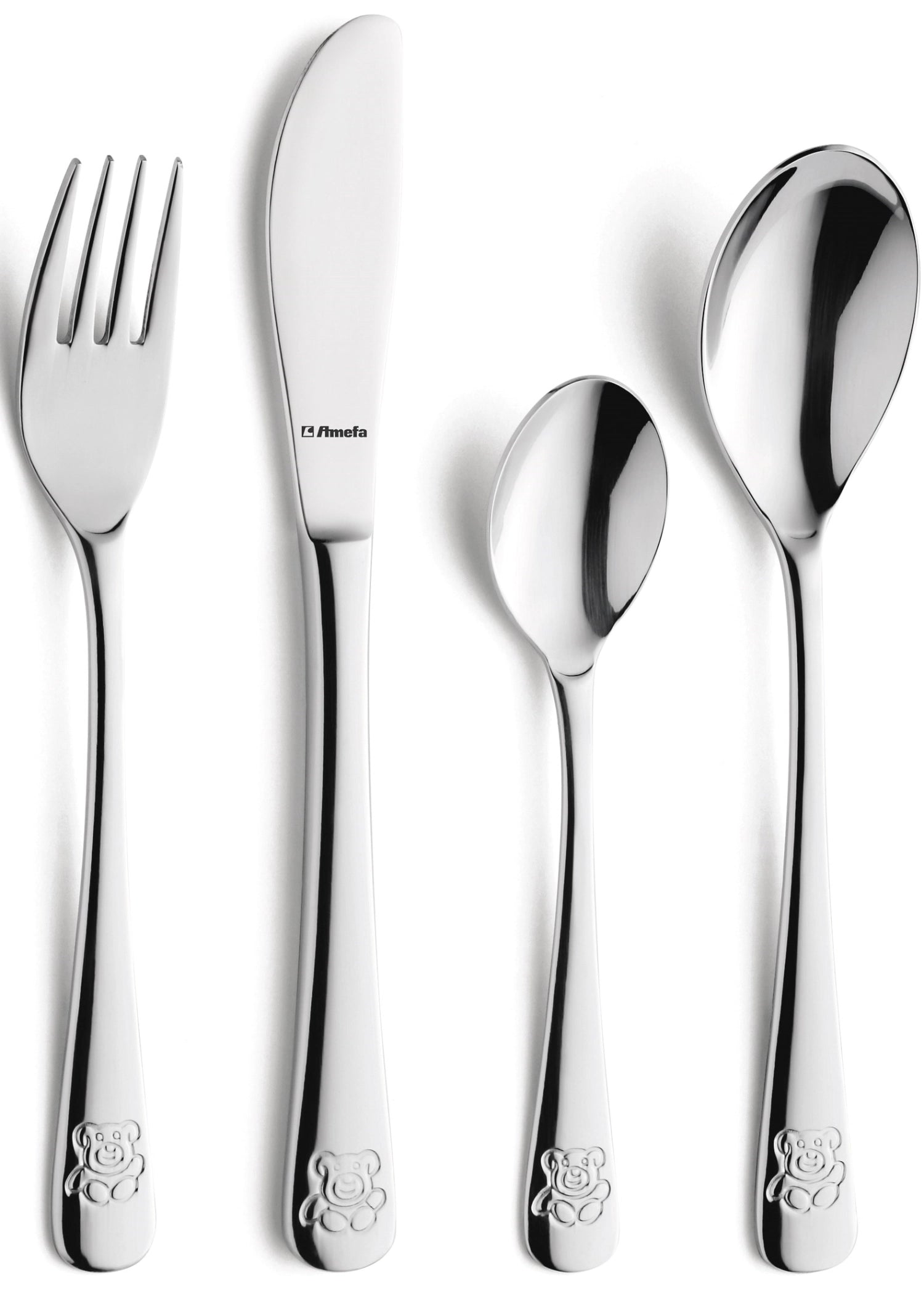 Entdecke das Teddy Bear 4-tlg. Kinderbesteck von Amefa: Hochglänzend, ergonomisch, ideal für Kinder und perfekte Geschenke zu besonderen Anlässen.