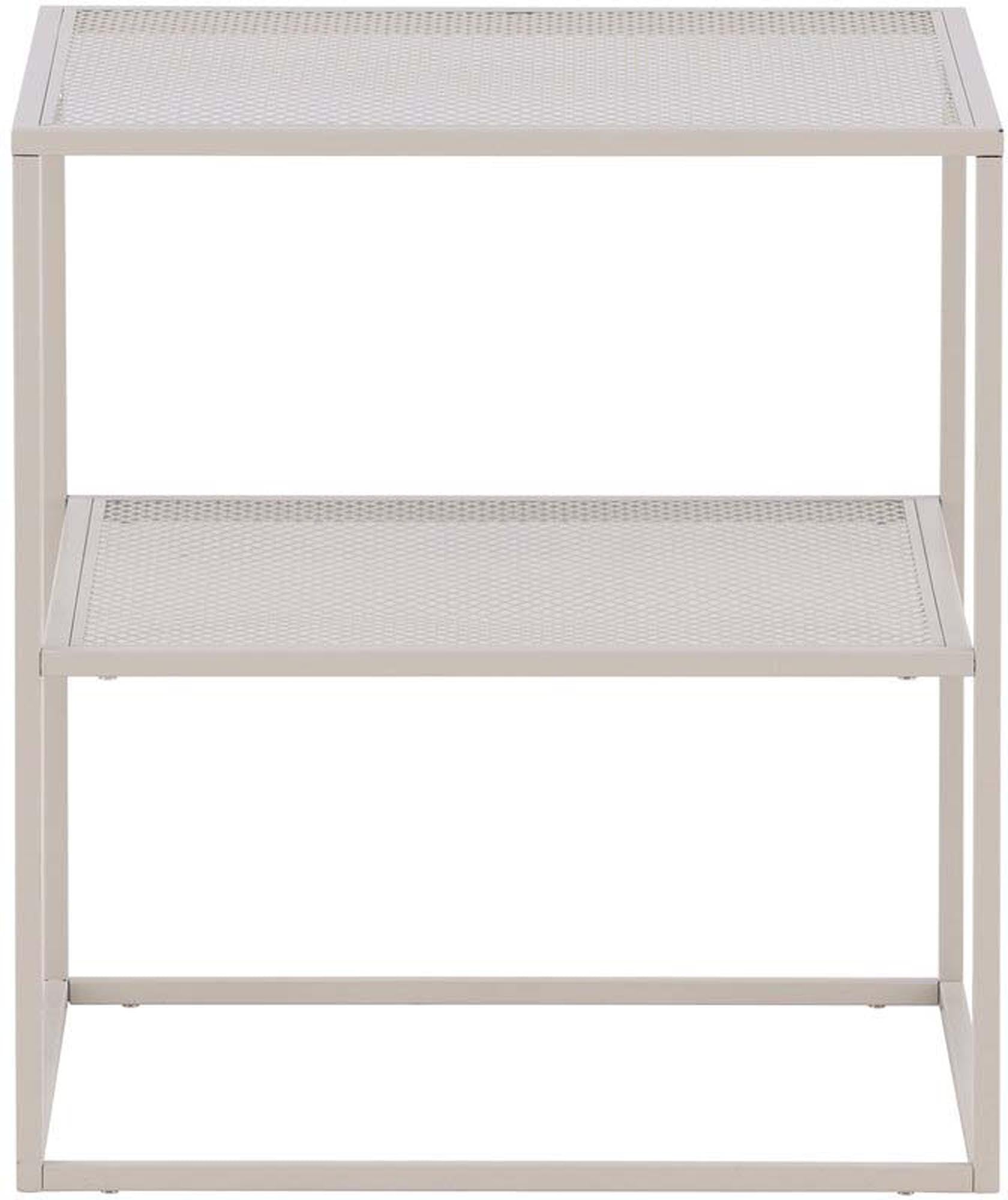 Stilvoller Netz Beistelltisch aus beigem Stahl, modern, pflegeleicht, vielseitig, mit Gitterregal für extra Stauraum.