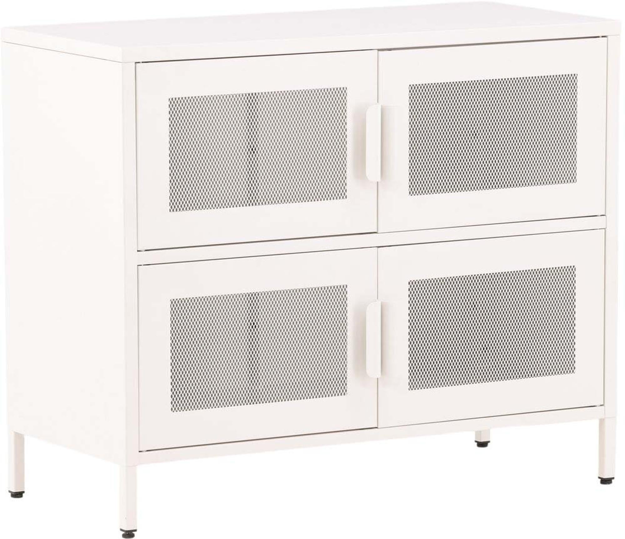 Entdecken Sie das Nett Kabinett von Venture Home: Ein eleganter Aufbewahrungsschrank aus beigem Stahl mit praktischen Netzluken und stilvollen, schmalen Beinen.