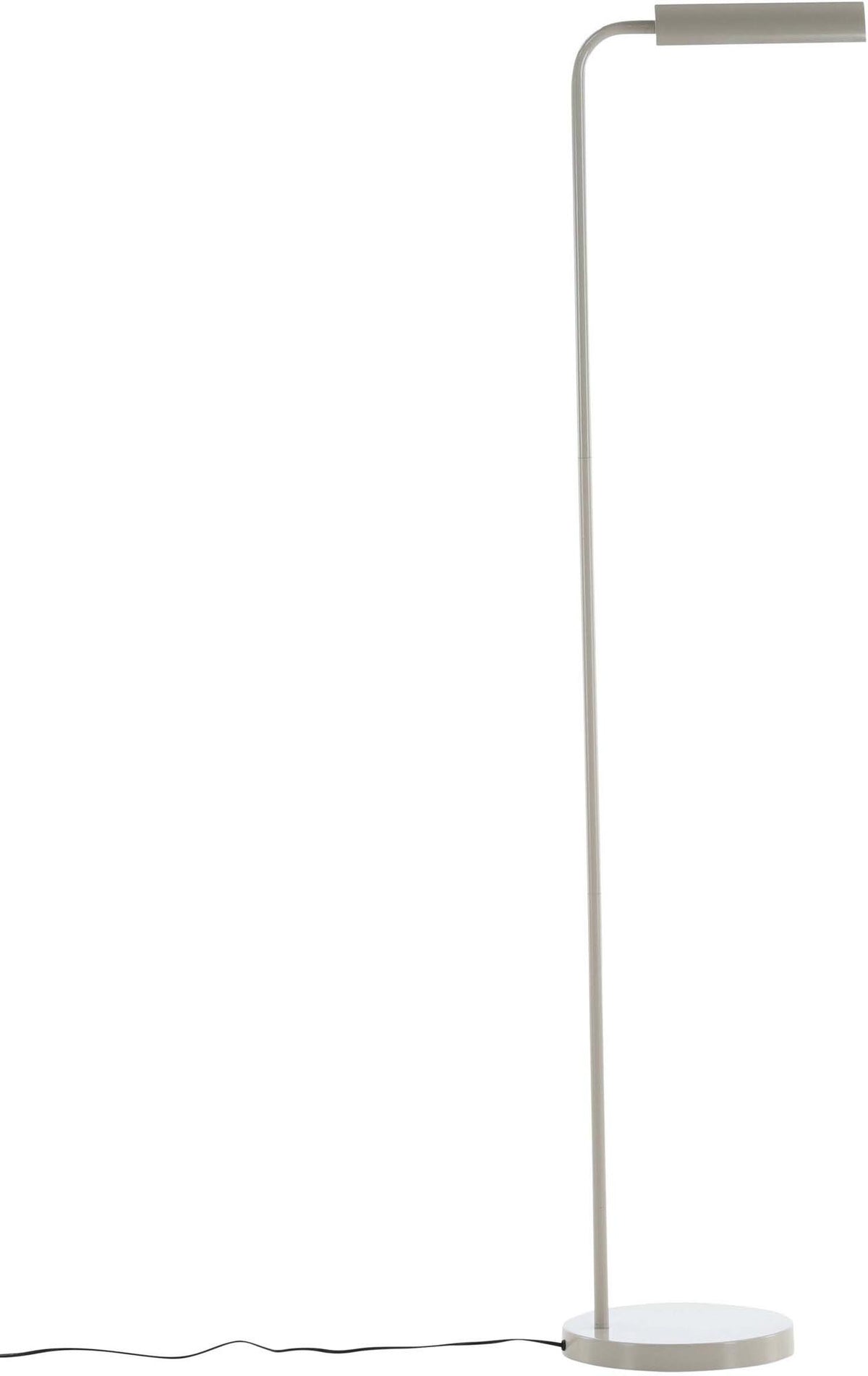 Schlanke Stehleuchte in Beige aus PVC und Stahl, schmaler Lampenschirm auf hohem Standfuss, schlichte moderne Form.