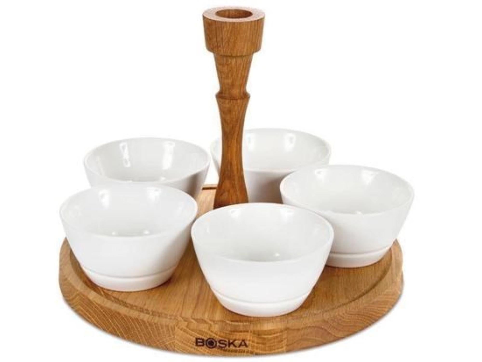 Elegantes Party Serviertablett aus weissem Porzellan und Eiche, ideal für Snacks und Getränke. Pflegeleicht, stilvoll und vielseitig einsetzbar.