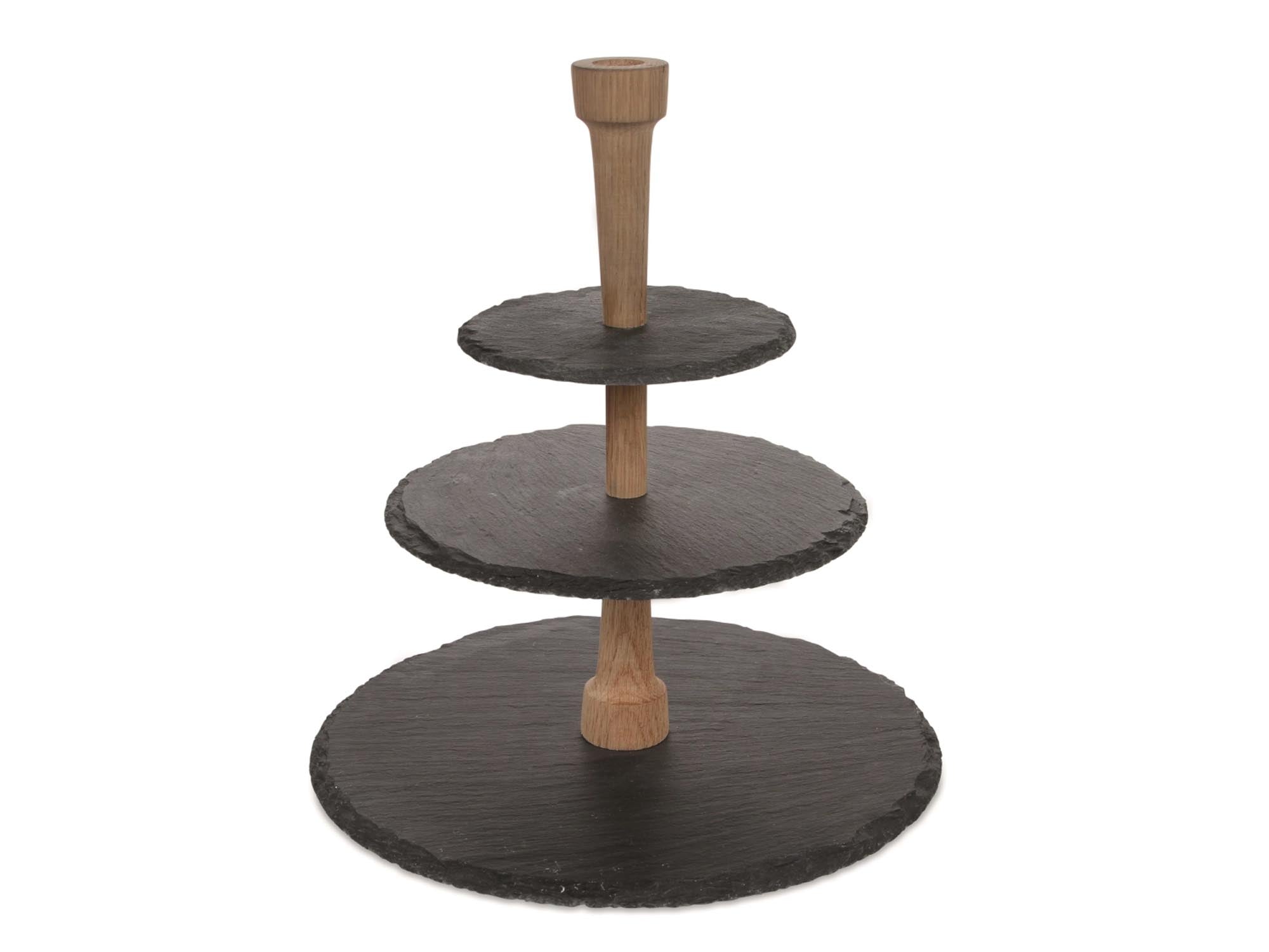 Eleganter Party Tower aus Edelstahl, Schiefer und Eiche. Ideal für die stilvolle Präsentation von Kuchen und Torten bei jedem Anlass.