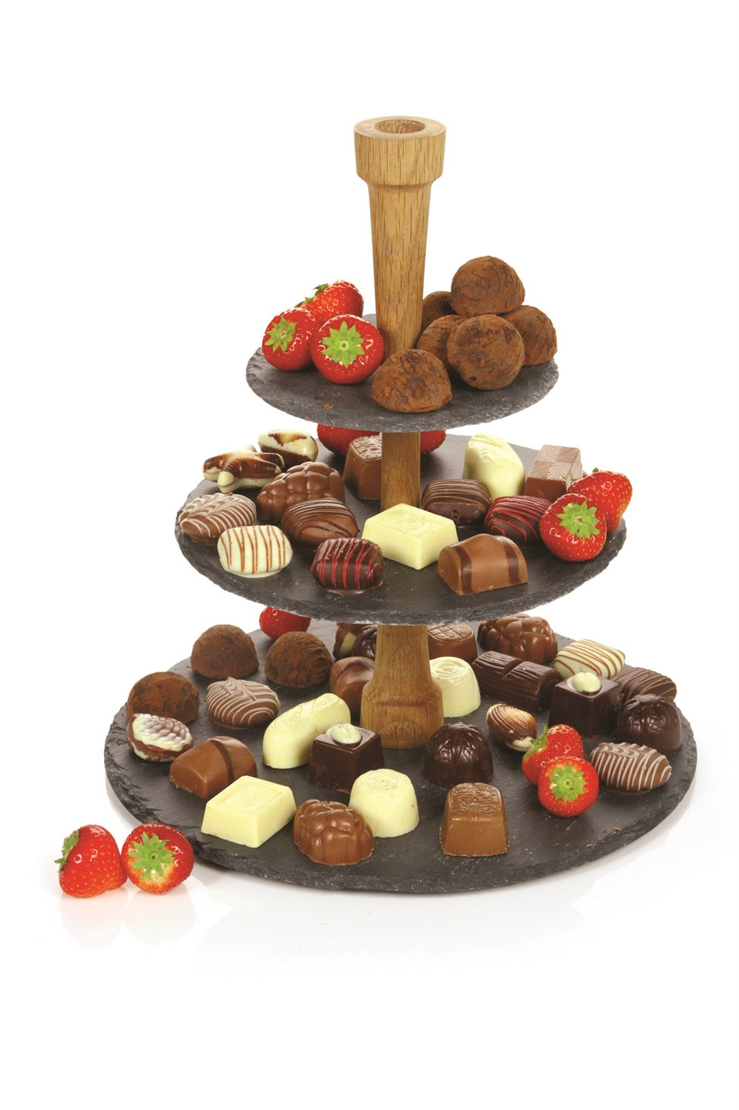 Stilvoller Party Tower aus schwarzem Edelstahl und Schiefer Eiche. Perfekt für die ansprechende Präsentation von Torten und Snacks bei jedem Anlass.