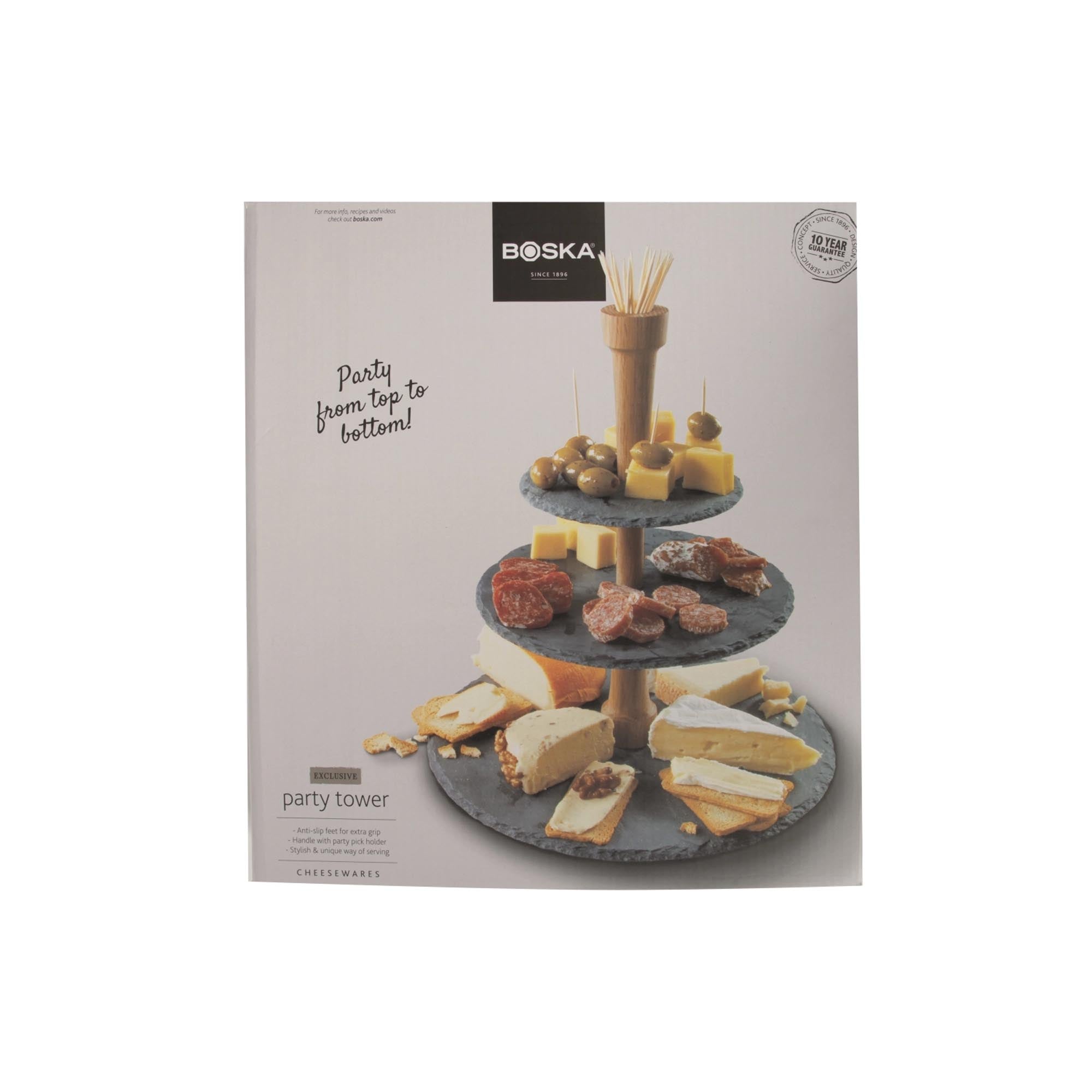 Eleganter Party Tower aus schwarzem Edelstahl, Schiefer und Eiche. Ideal für die stilvolle Präsentation von Kuchen und Leckereien.