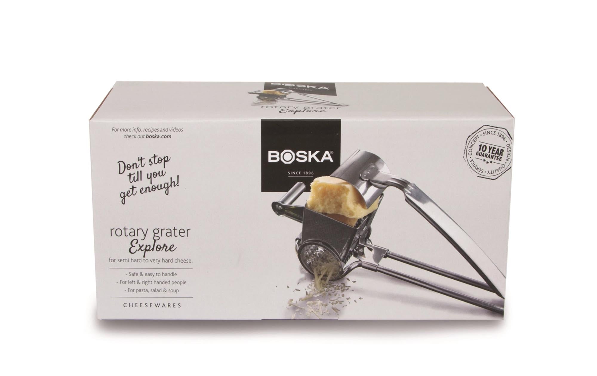 Käsereibemühle Explore von Boska: Hochwertiger Edelstahl, 200x85x100mm, ideal für schnelles Käse-Reiben in jeder Küche.