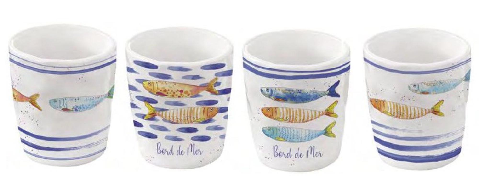 Stilvolles 4er Set Bord de Mer Kaffeetassen aus Porzellan, 120ml, maritimes Design, spülmaschinengeeignet, in Geschenkbox.