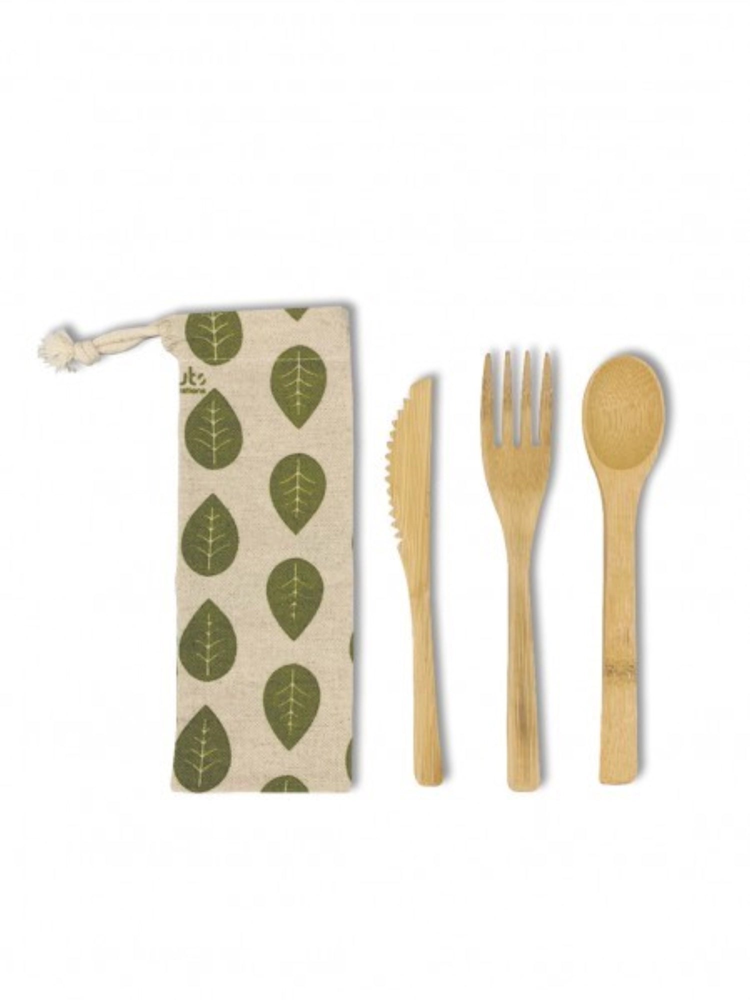 Set of 3 bamboo cutlery set in linen bag leaves 16cm