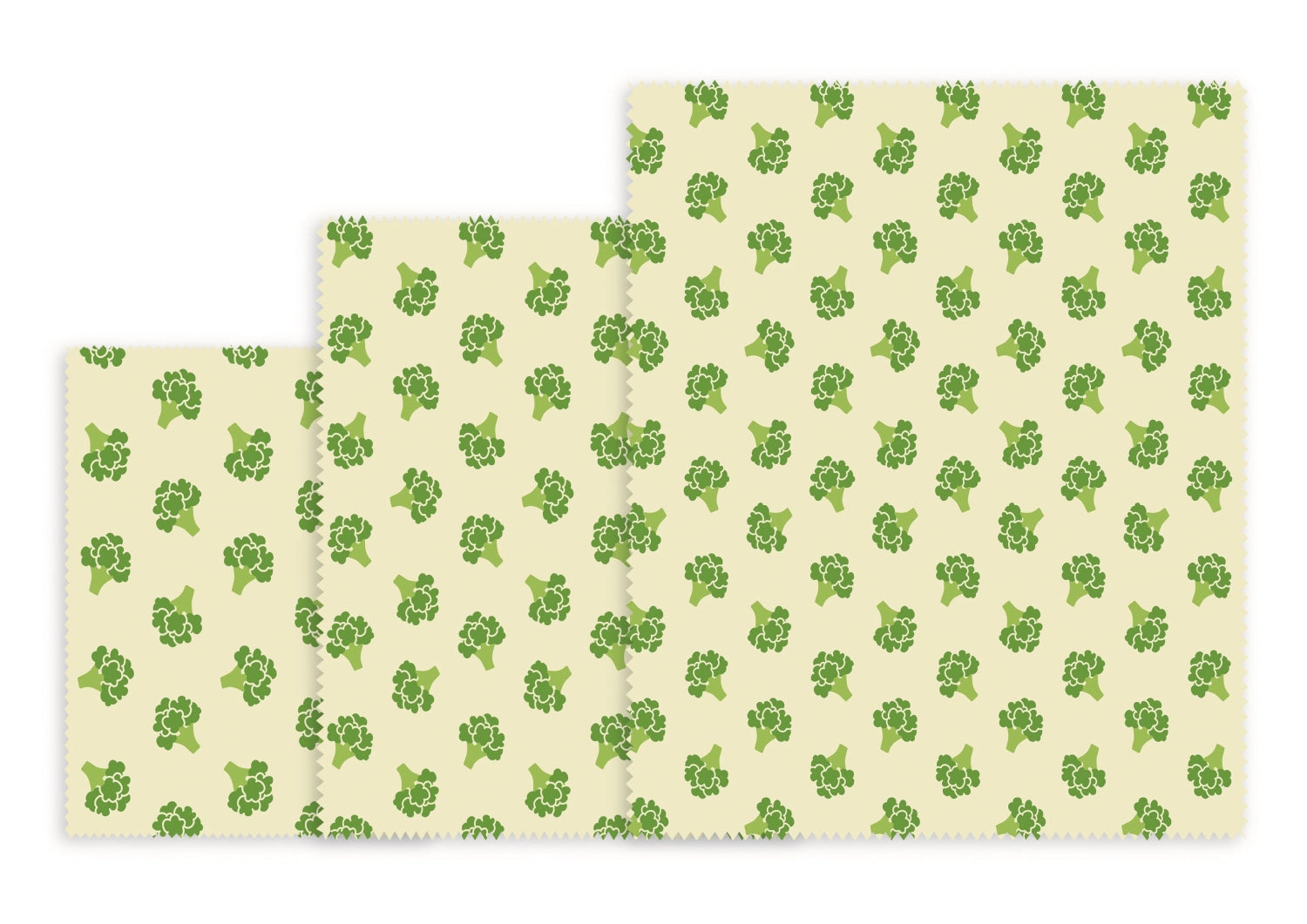 Set of 3 beeswax cloth broccoli, 18x20.25x28.33x35.5cm