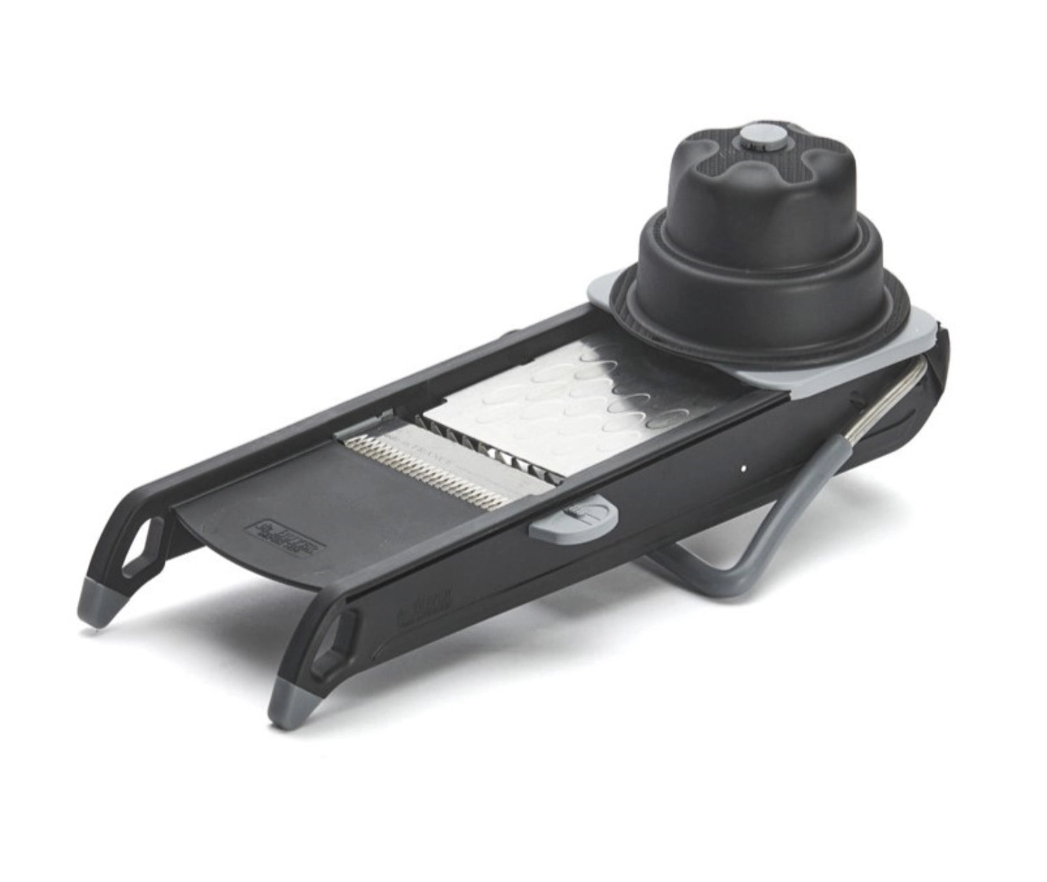 Moderne Mandoline Swing Plus in Schwarz von de Buyer, perfekt für präzise Schnitte und vielseitige Zubereitung von Obst und Gemüse.