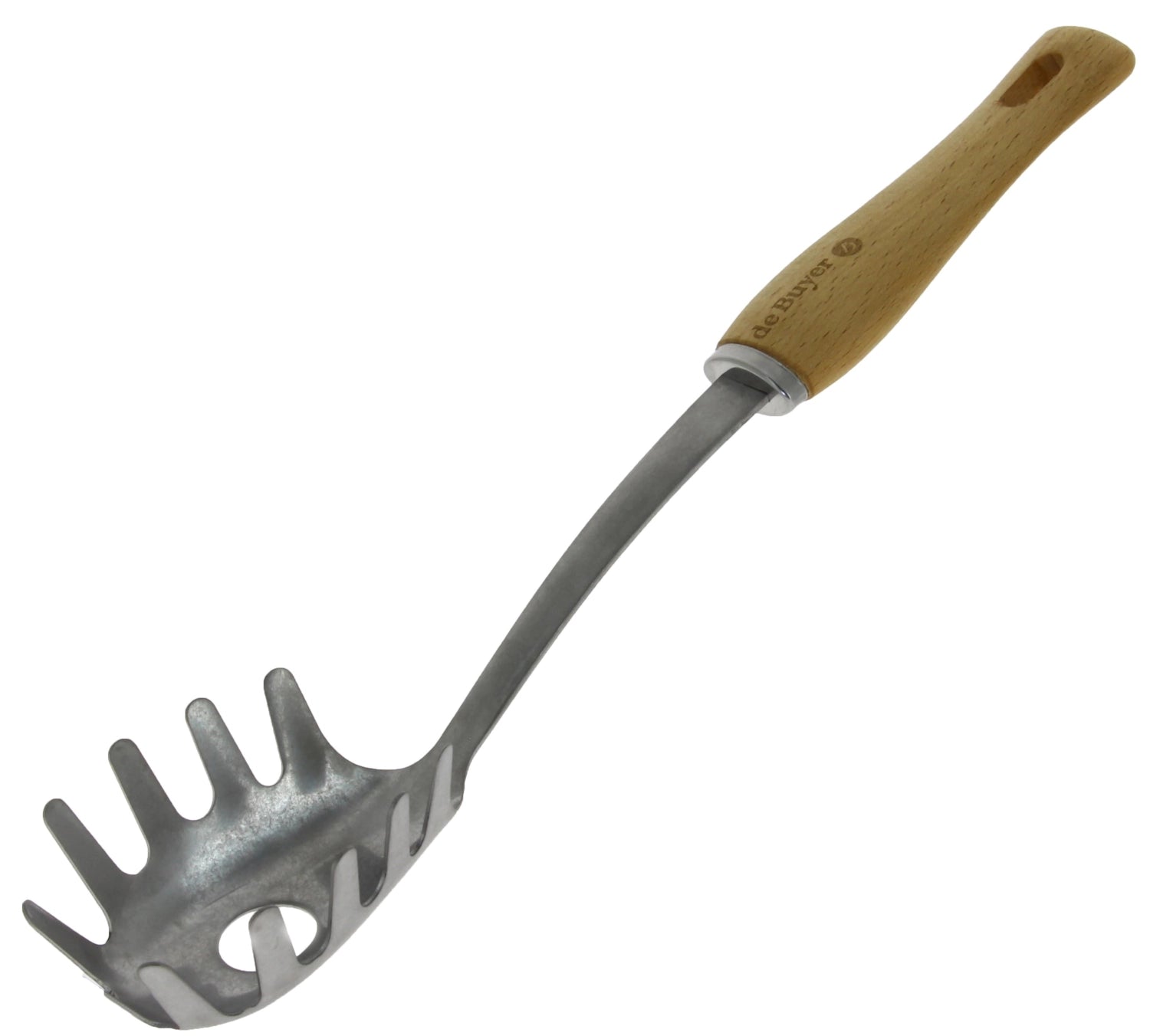 Entdecken Sie den Spaghettiheber Nostalgy von de Buyer: hochwertiger Edelstahl, ergonomisches Design, ideal für stilvolles Servieren von Pasta.