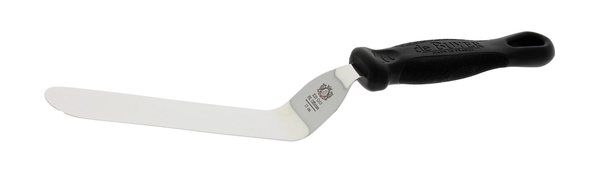 Entdecken Sie die abgewinkelte Kuchenspachtel von de Buyer mit 15 cm Klingenlänge. Ideal zum Schneiden, Servieren und Portionieren von Kuchen und Torten.