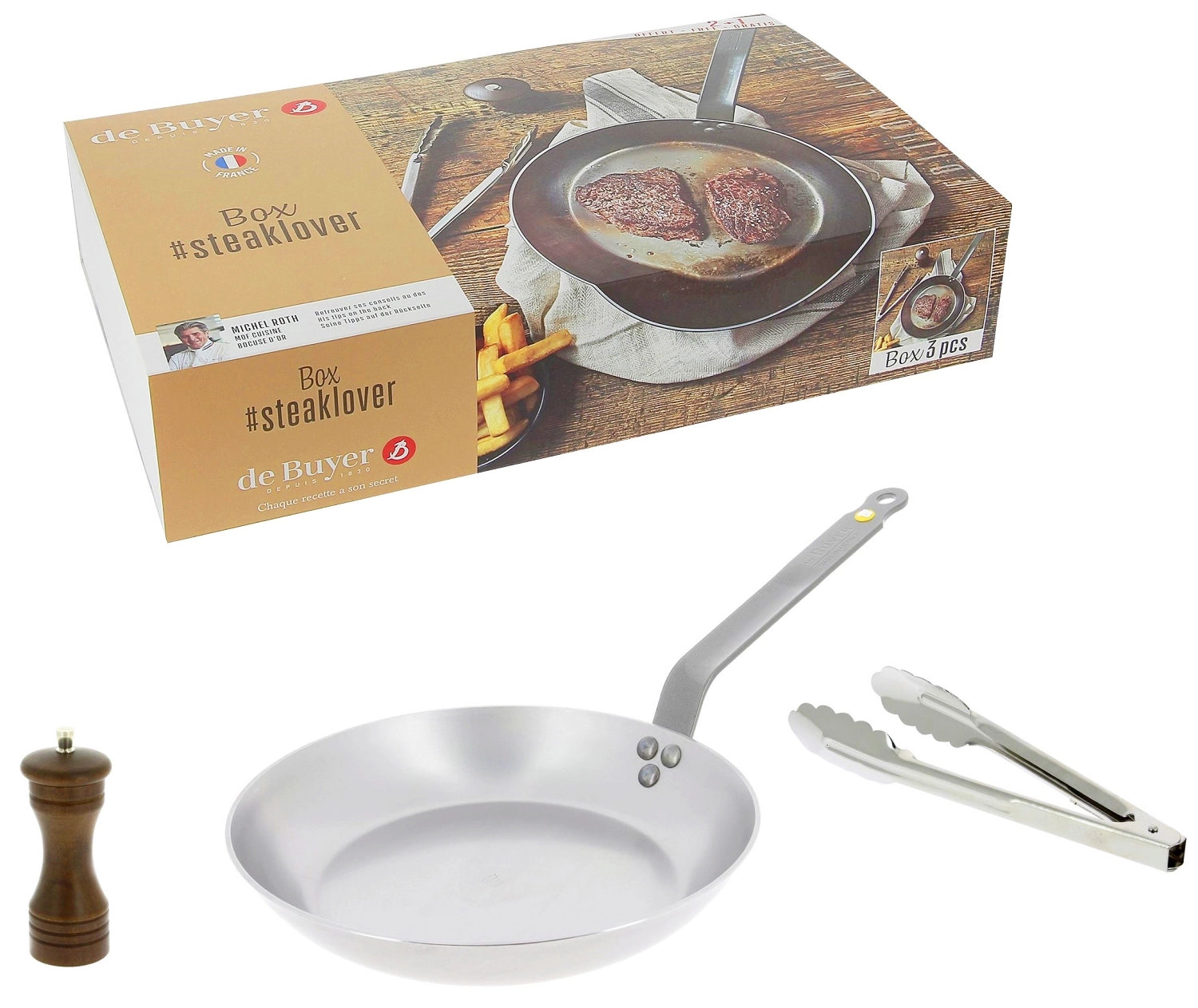 Hochwertiges 3er Set STEAKLOVER von de Buyer: Mineral B Bratpfanne Ø26 cm, Spatel und Moulin, ideal für Steakliebhaber und Grillfans.