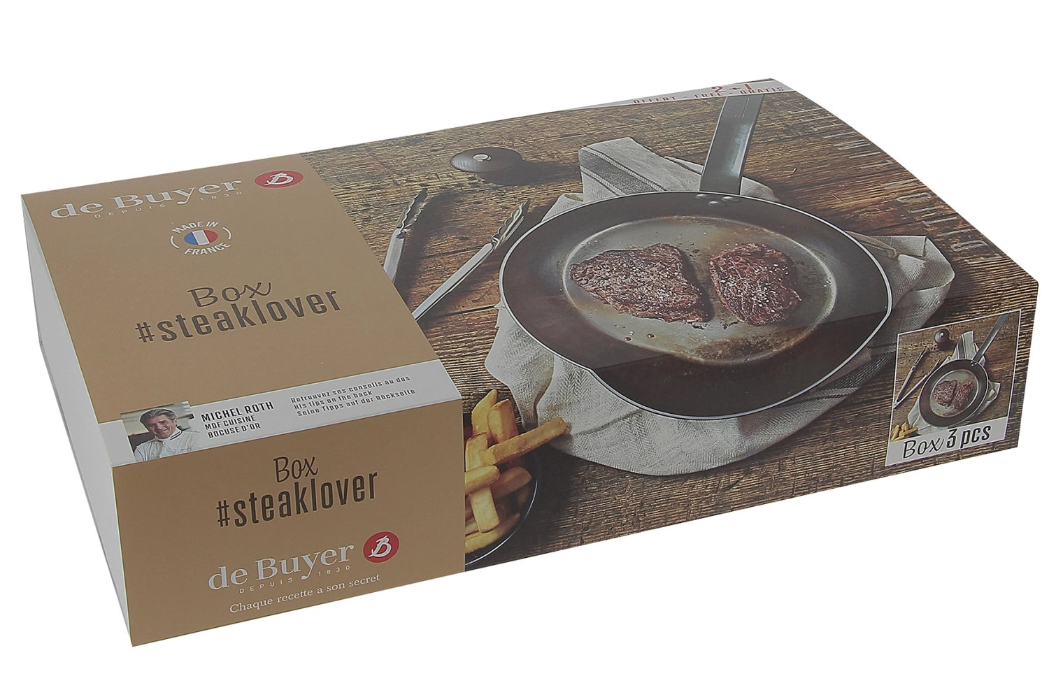 Genießen Sie das 3er Set STEAKLOVER von de Buyer: inklusive 26 cm Bratpfanne, Spatel und Moulin für perfekte Steakgerichte und Grillabende.