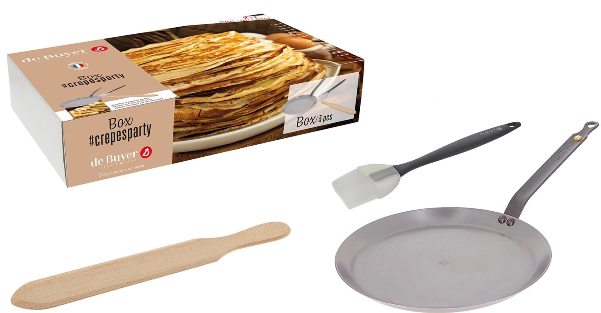 Entdecken Sie das 3er Set Crêpesparty von de Buyer: Crêpe-Pfanne Ø26cm, Silikonpinsel und Buchenholzspachtel für perfekte Crêpes!