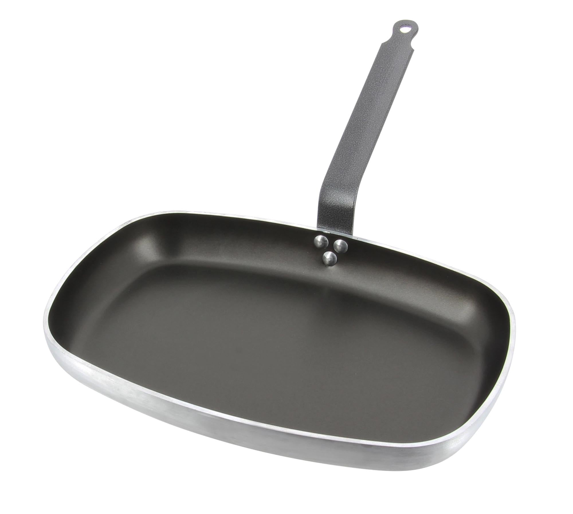 Die CHOC Fischpfanne 40x28cm von de Buyer: Antihaft-Aluminium für gleichmässige Wärme, ideal für Fischgerichte, ergonomische Griffe.