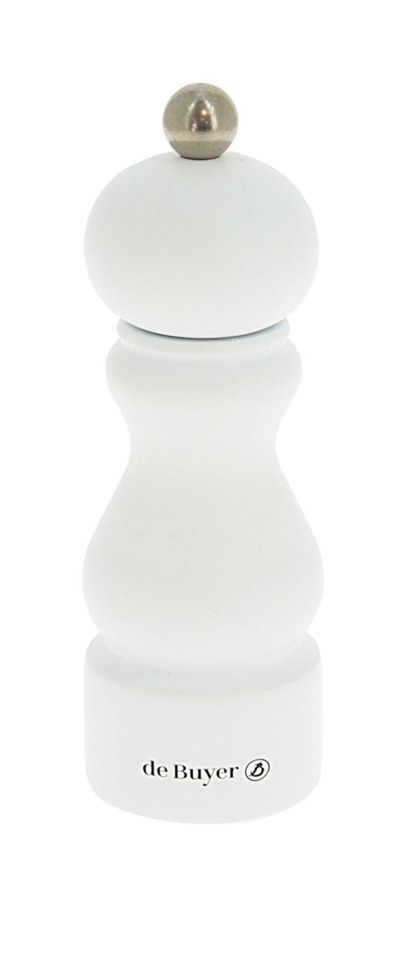 Elegante Gewürzmühle aus Edelstahl und Holz, 18cm, mattweiss. Stufenloser Mahlgrad für Pfeffer, Salz, Kräuter. Langlebig und stilvoll.