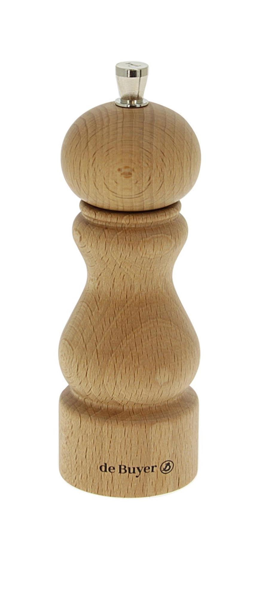 Elegante 18cm Pfeffermühle aus Edelstahl und Holz, stufenlos einstellbar, für frischen Pfeffergenuss.