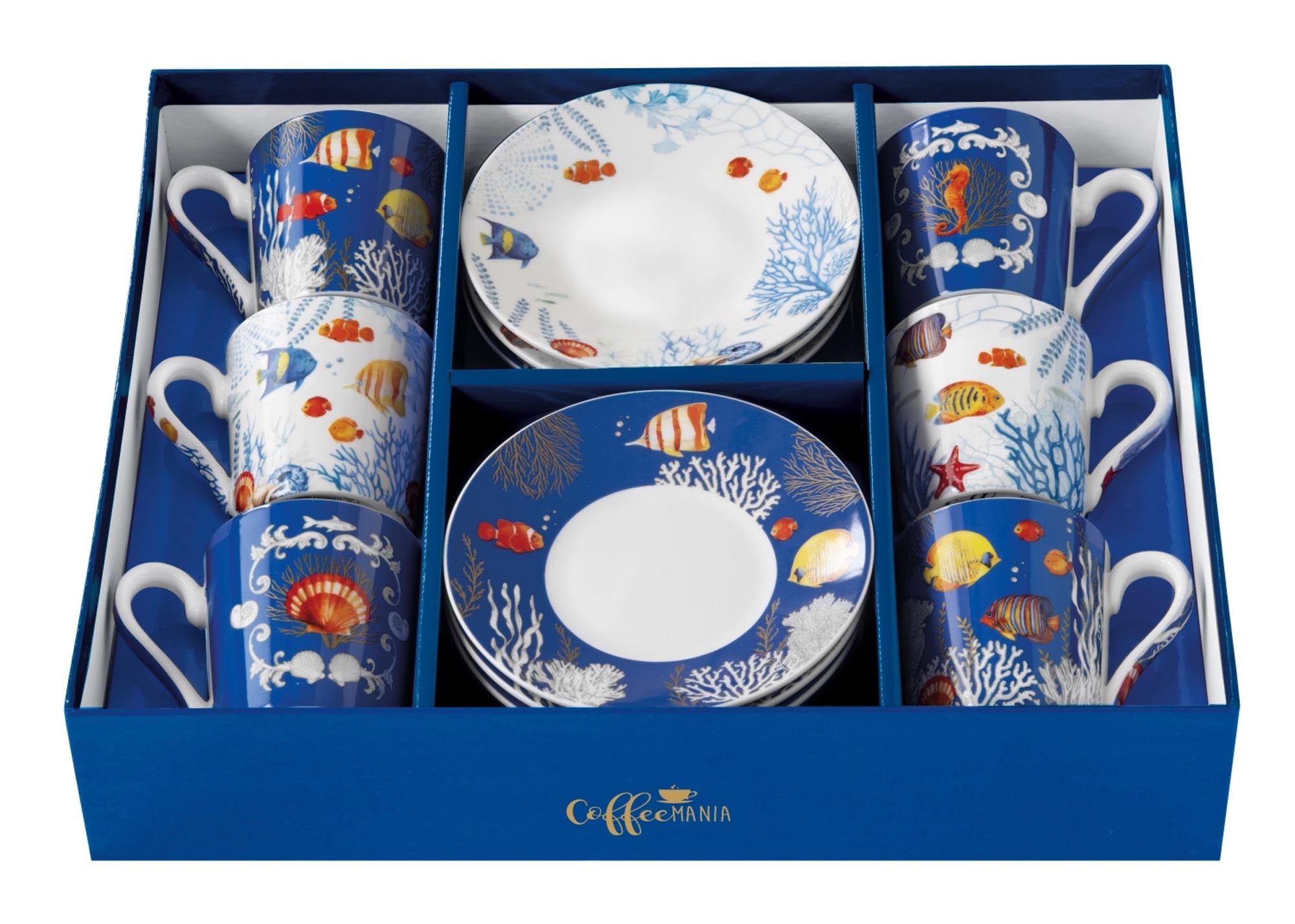 Set aus 6 stilvollen Espressotassen mit Untertassen, 100ml, von Easy Life. Ideal für Kaffeegenuss und elegante Tischdekoration.