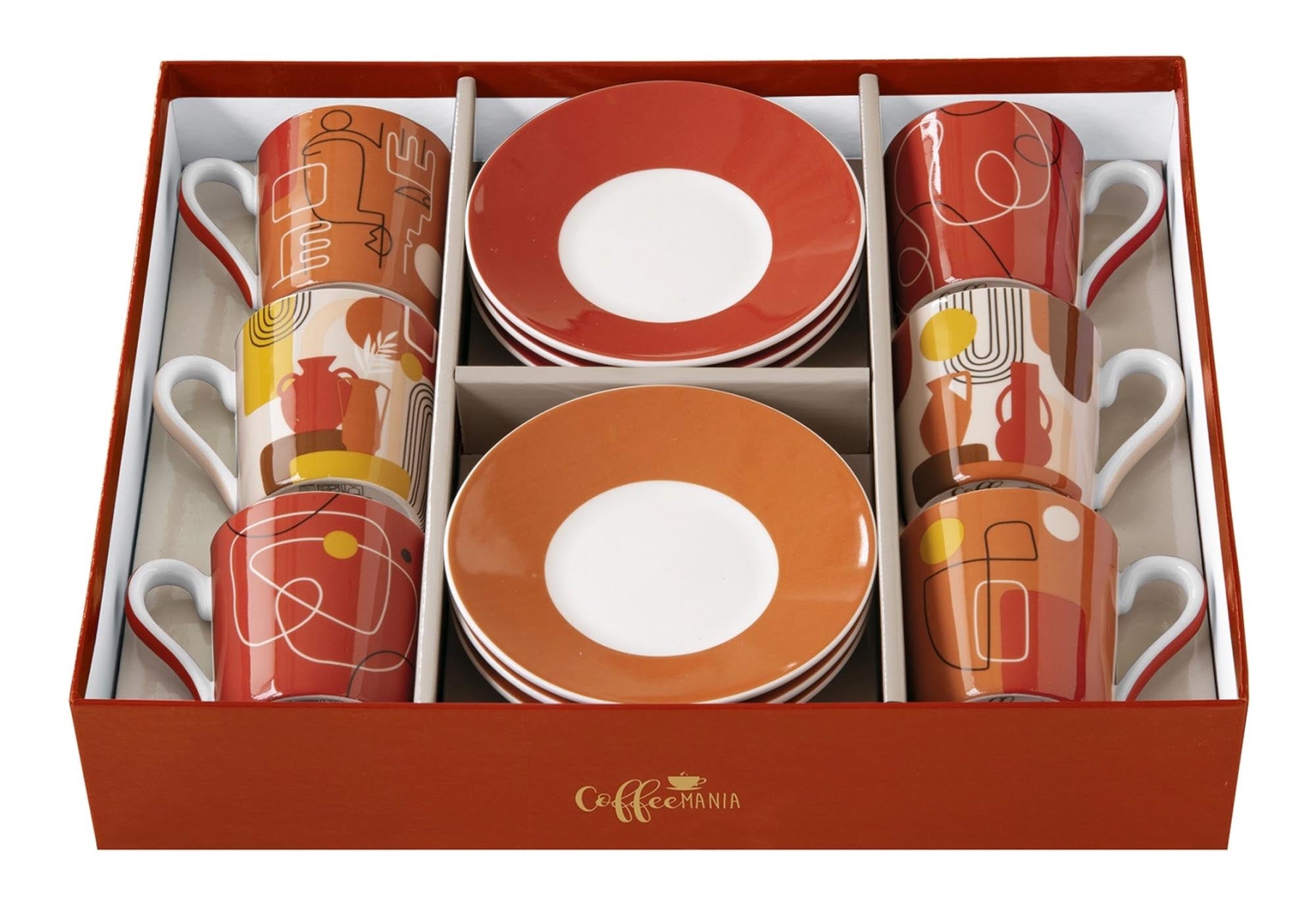 Set aus 6 stilvollen Espressotassen mit Untertassen, 100ml, von Easy Life. Ideal für Kaffeegenuss und elegante Tischdekoration.