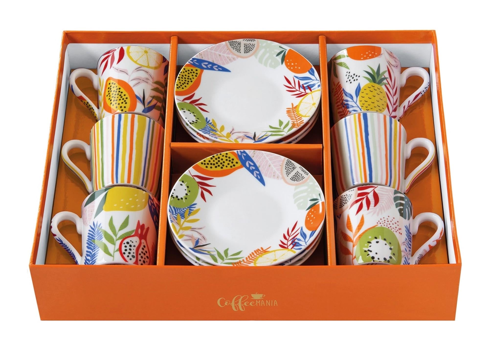 Set aus 6 stilvollen Espressotassen mit Untertassen, 100ml, von Easy Life. Ideal für Kaffeegenuss und elegante Tischdekoration.