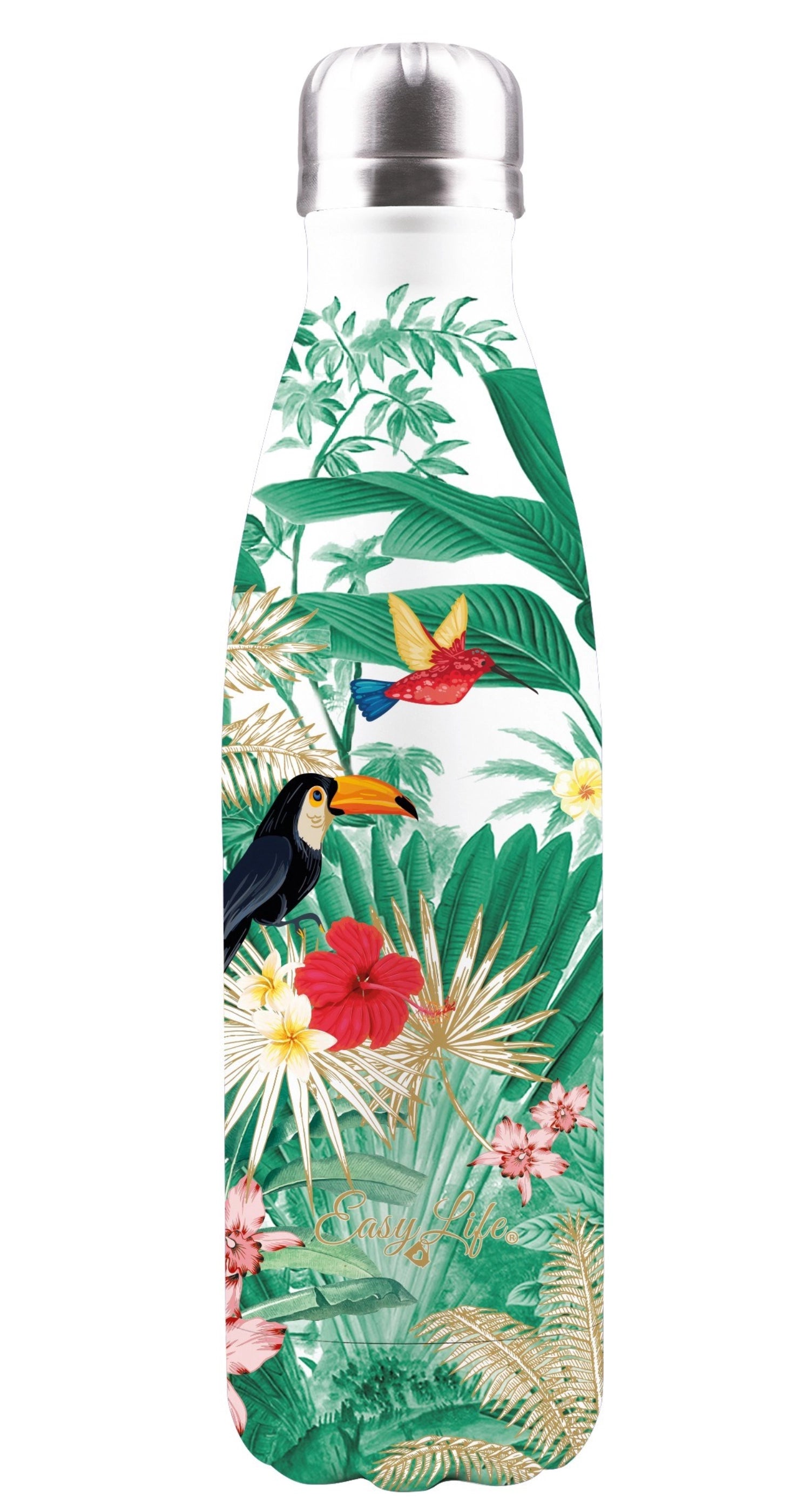 Stilvolle Isolierflasche 500ml "Exotischer Himmel" von Easy Life. Doppelwandig, hält Getränke heiß oder kalt, spülmaschinengeeignet, umweltfreundlich.