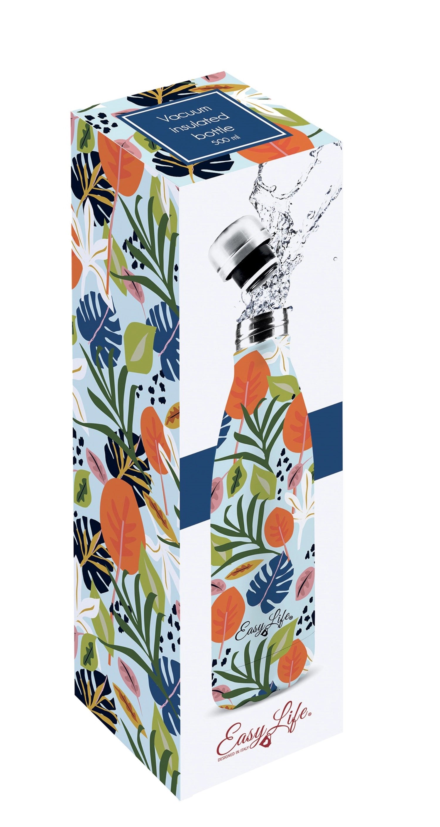 Isolierflasche Tropical Vibes von Easy Life, 500ml, doppelwandig, ideal für heiße und kalte Getränke, stylisches Design für unterwegs.