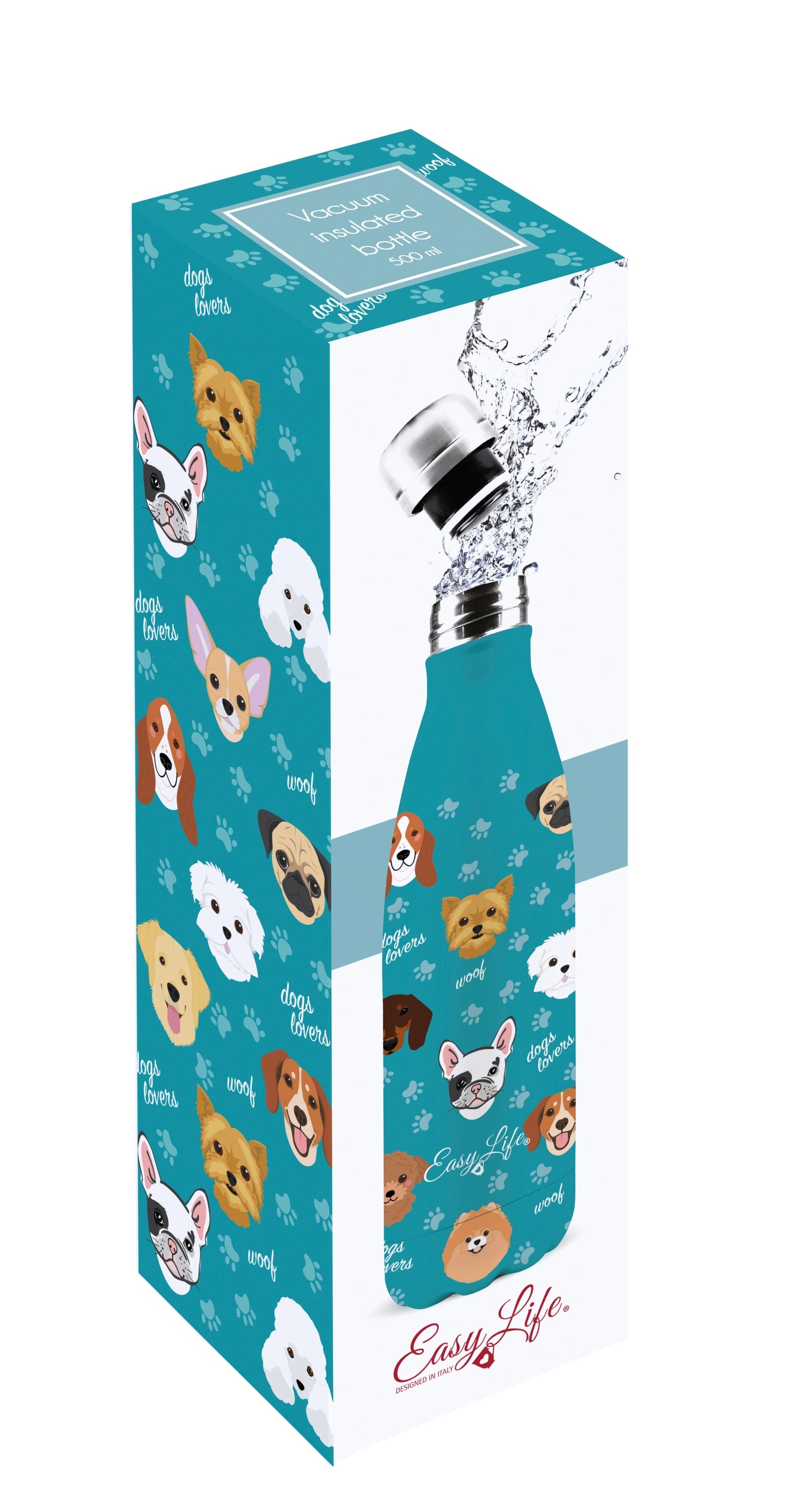 Stylische 500ml Isolierflasche mit Hundemotiv von Easy Life. Hält Getränke lange warm oder kalt, aus robustem Edelstahl und pflegeleicht.