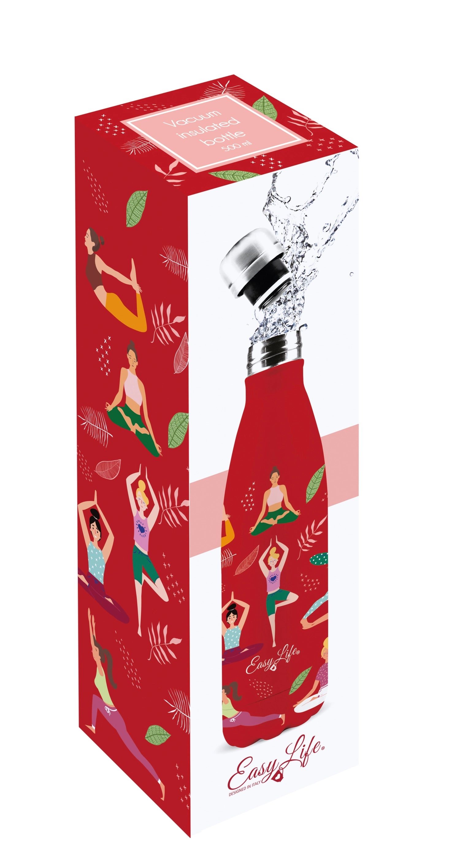 Stylische 500ml Isolierflasche "Yoga" von Easy Life. Doppelwandig für optimale Temperaturhaltung. Perfekt für Sport, Büro und unterwegs.