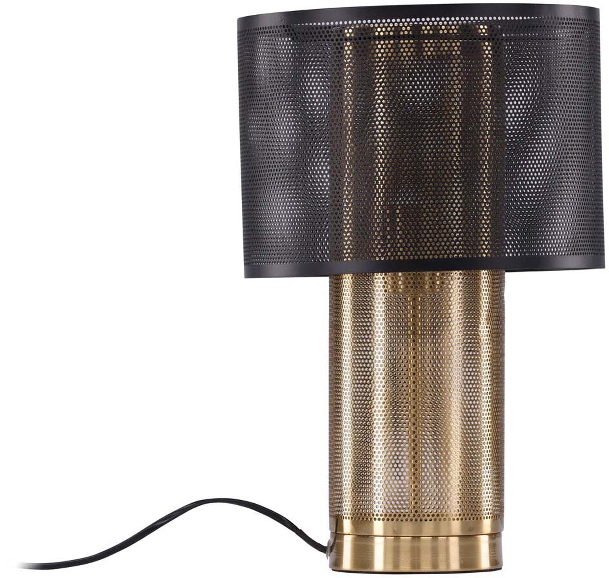 Elegante Gap Tischleuchte: Robuster Eisenfuss, schwarzer Schirm mit Netzmuster. Stilvoller Blickfang für jeden Raum.