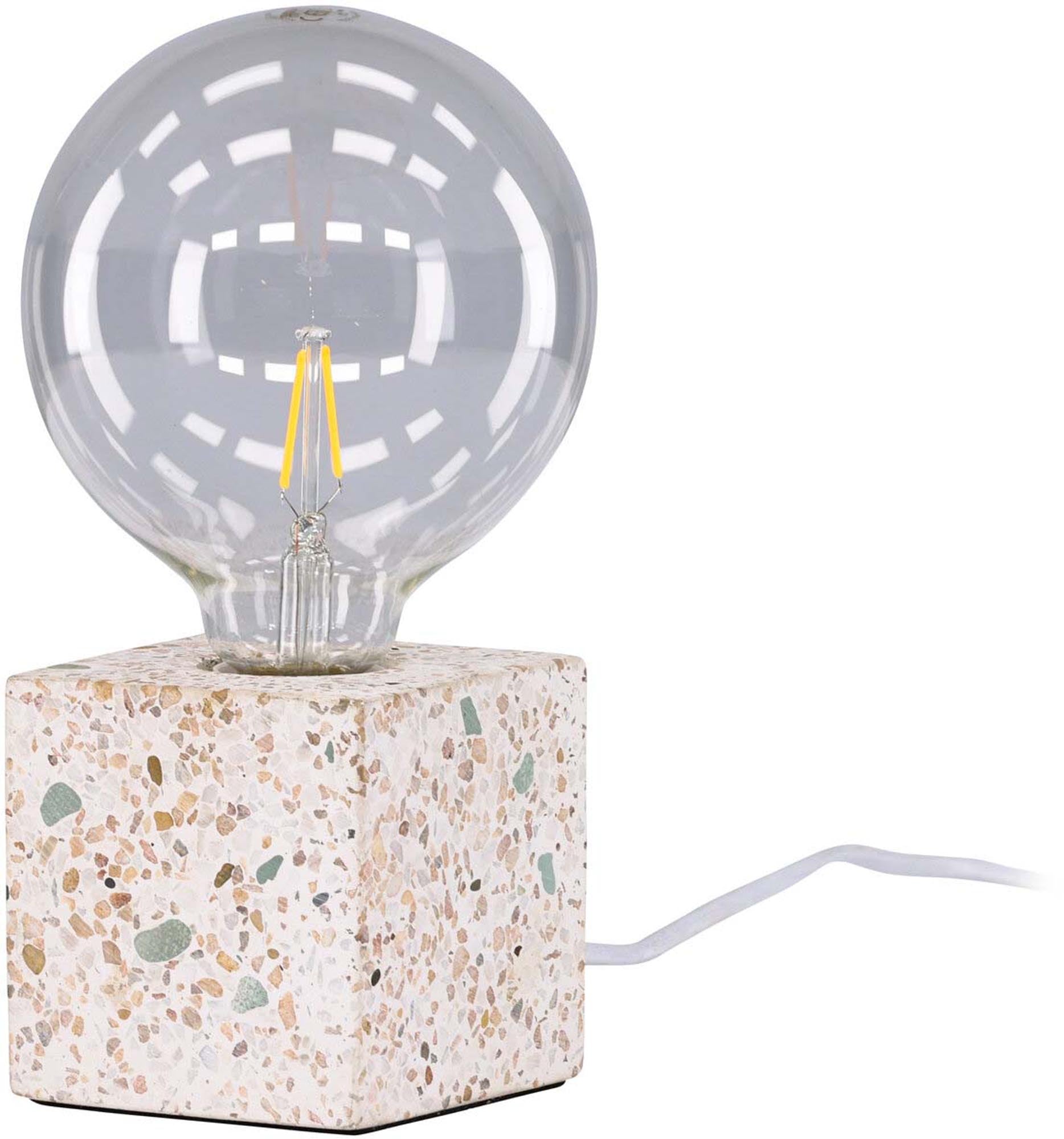 Die Rilche Tischleuchte von Venture Home: Nordisches Design, Terrazzo-Sockel, kompakt, stilvoll, ideal für moderne Räume.