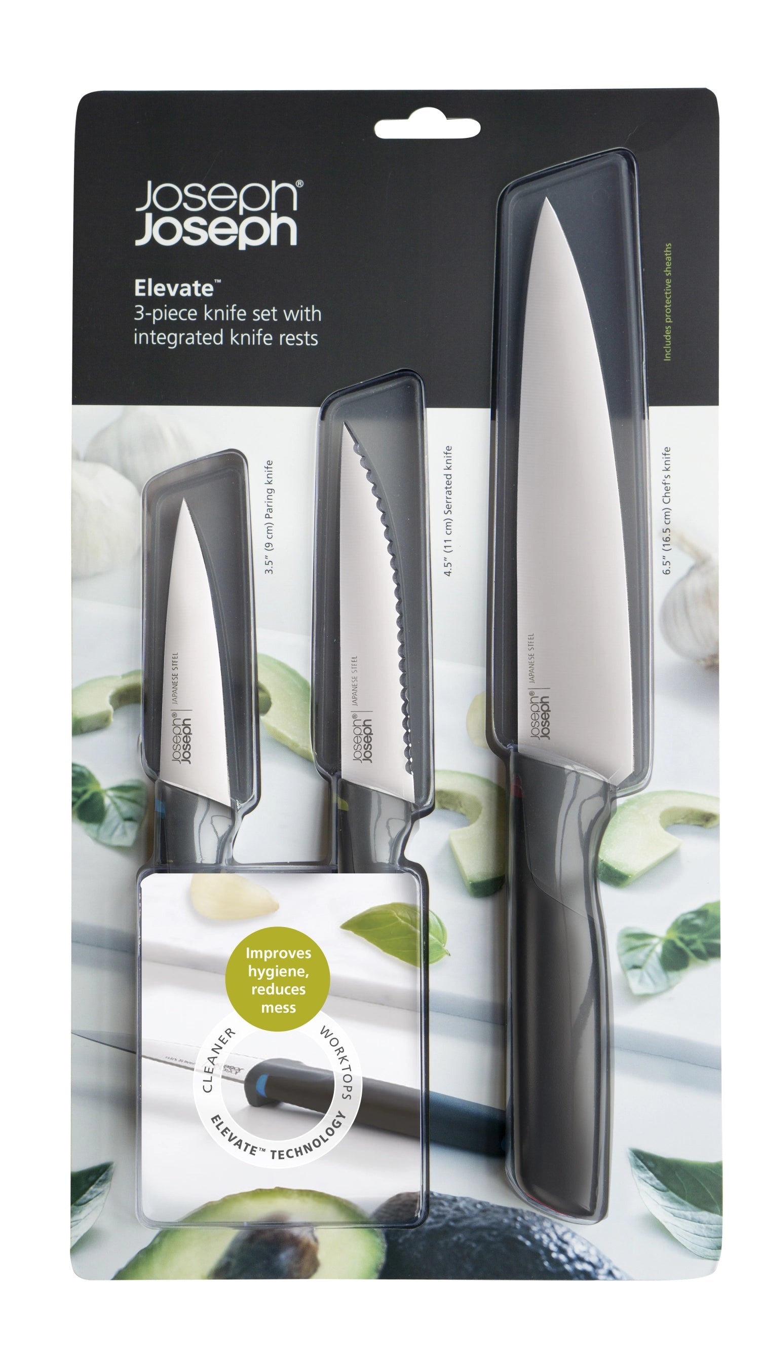 Erleben Sie das 3-teilige Elevate Messer-Set von Joseph Joseph. Innovatives Design, hygienisch und langlebig – perfekt für Ihre Kochabenteuer!