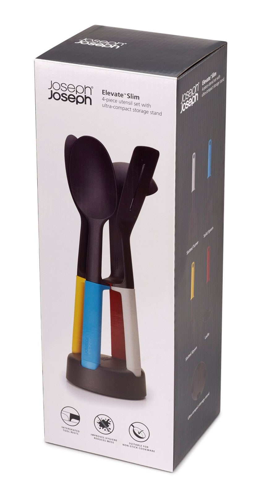 Hochwertiges 4-teiliges Kochbesteck-Set von Joseph Joseph mit ergonomischen Griffen und platzsparender Aufbewahrung für stilvolles Kochen.